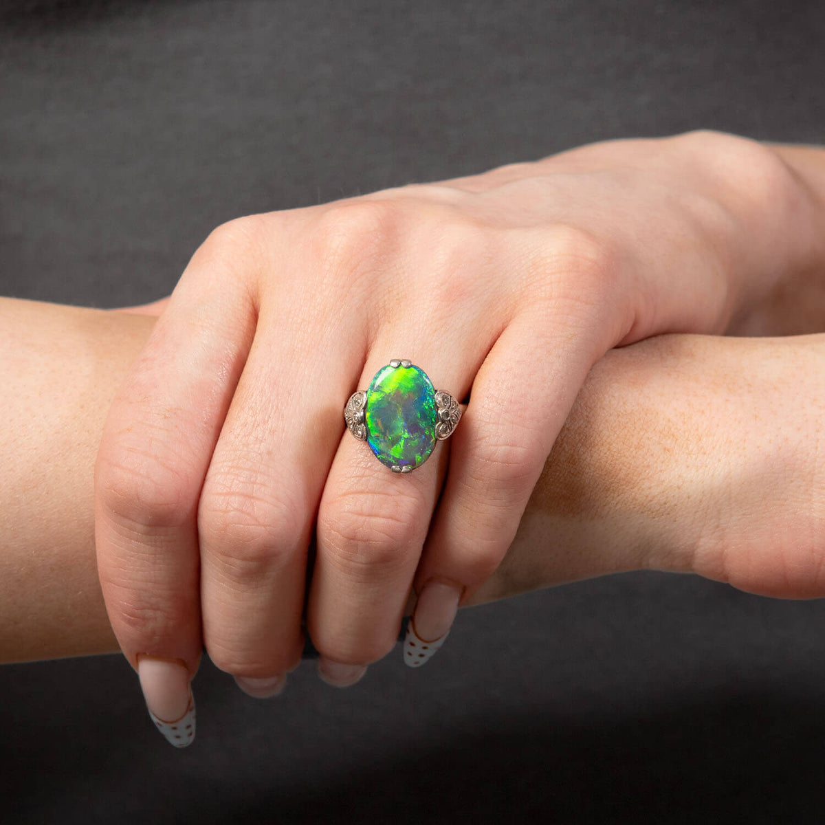 Edwardian Platinum Lightning Ridge Opal & Diamond Ring
