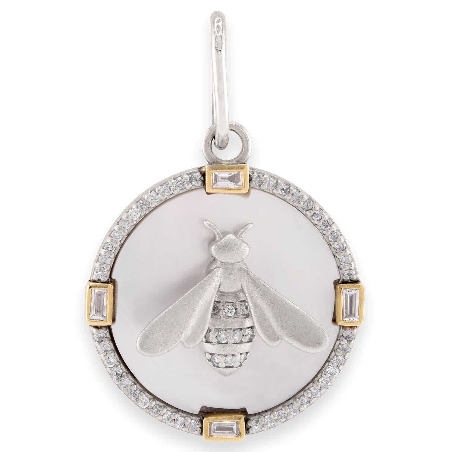 LIZABETH JEWELRY Estate 14k/Silver Mother of Pearl & Diamond Bee Pendant