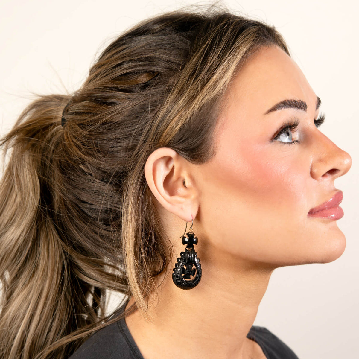Victorian Brass Jet Dangle Earrings