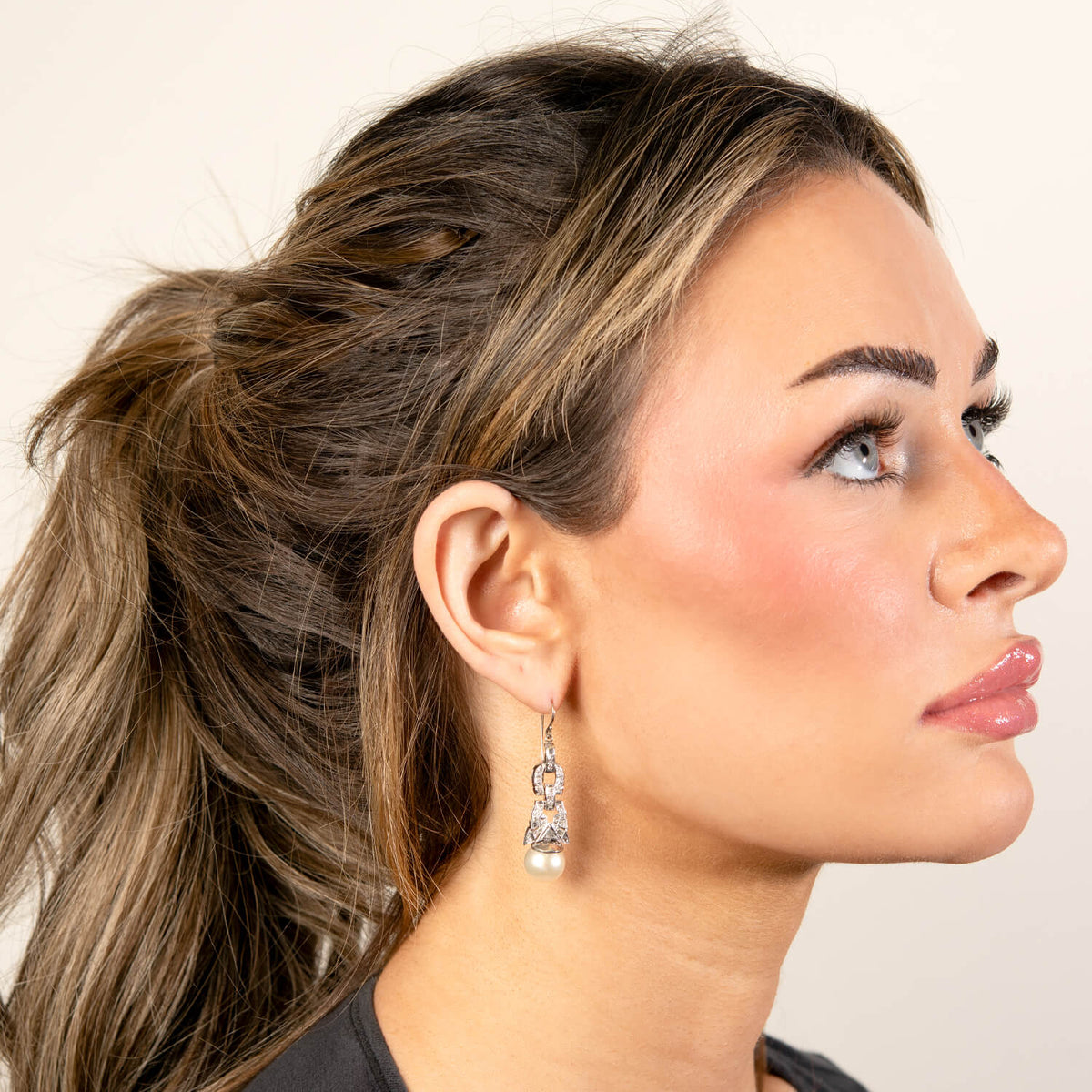 Retro Platinum Diamond & Pearl Drop Earrings