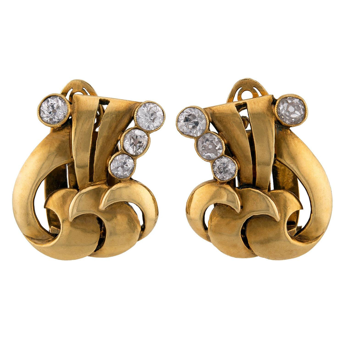 Retro 18k Diamond Wave-Motif Earrings