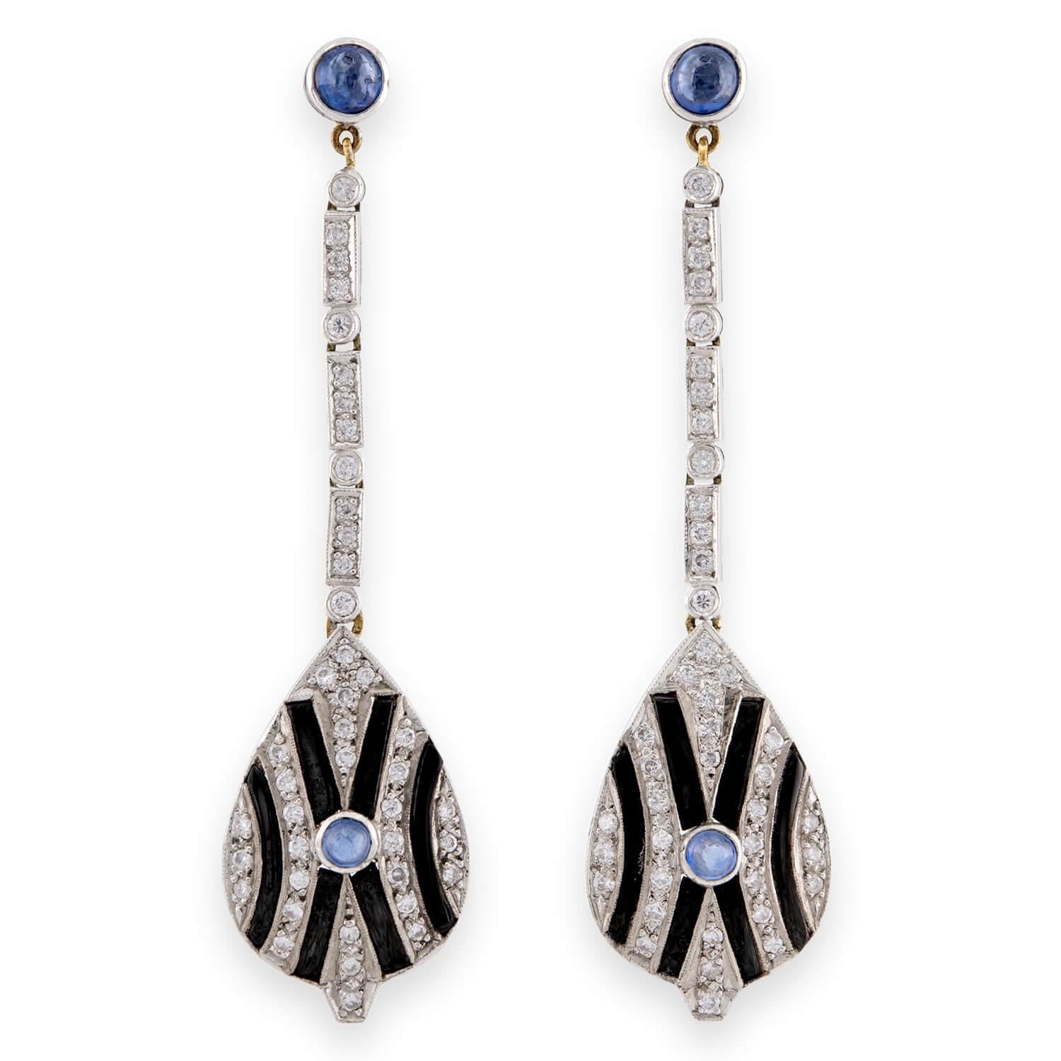 Estate 14k Sapphire, Diamond, & Onyx Drop Earrings