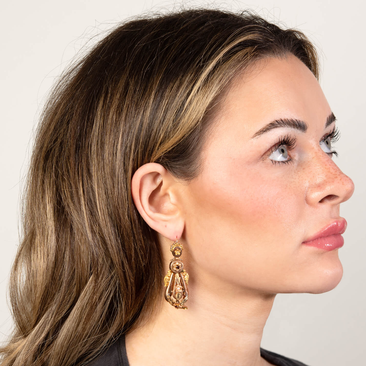 Art Nouveau 14k Pearl & Garnet Dangle Earrings