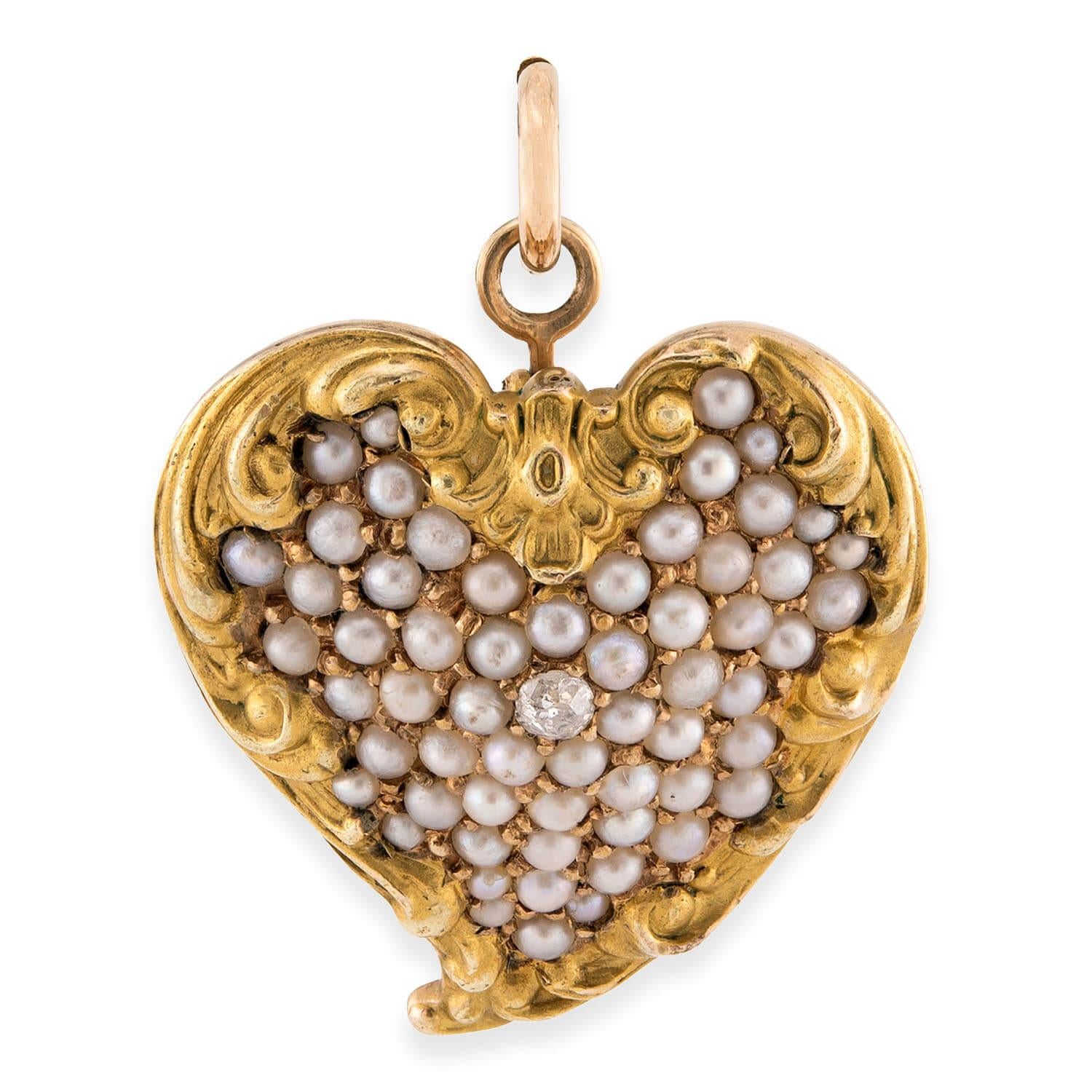 Edwardian 10k Diamond & Pearl Repoussé Heart-Motif Pin/Pendant