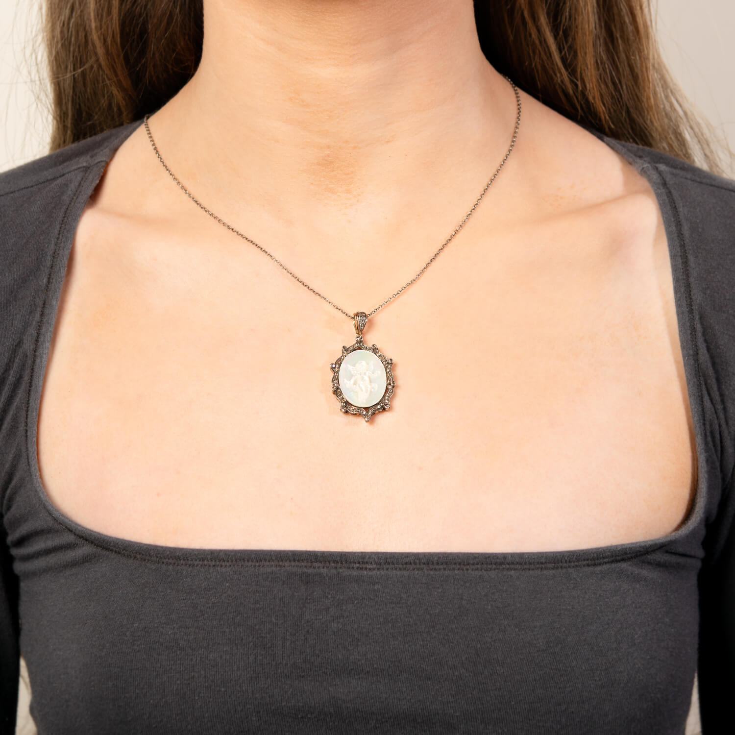 Victorian 14k/Sterling Silver Mother of Pearl & Diamond Cherub Pendant