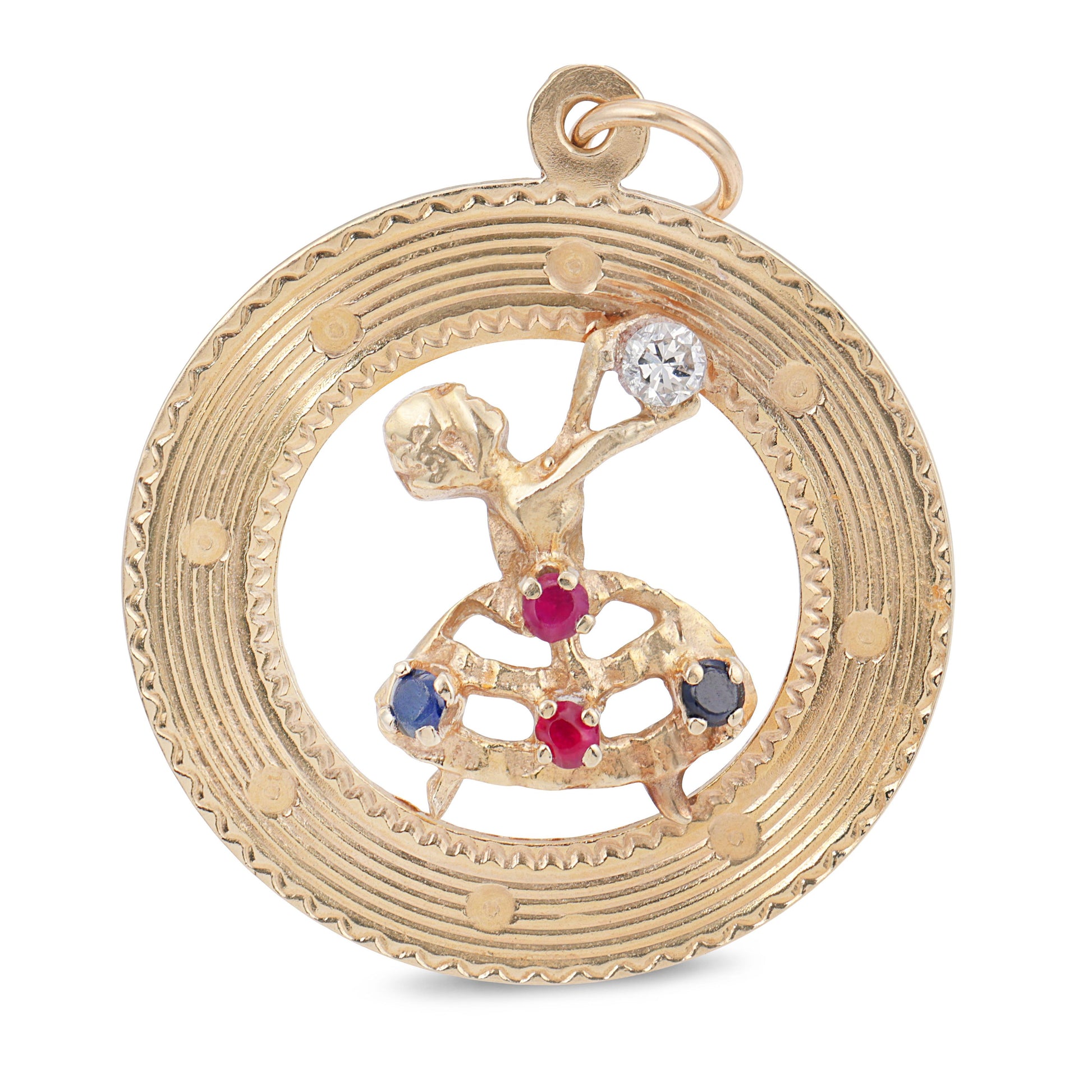Vintage 14k Diamond, Sapphire, and Ruby Ballerina-Motif Pendant/Charm