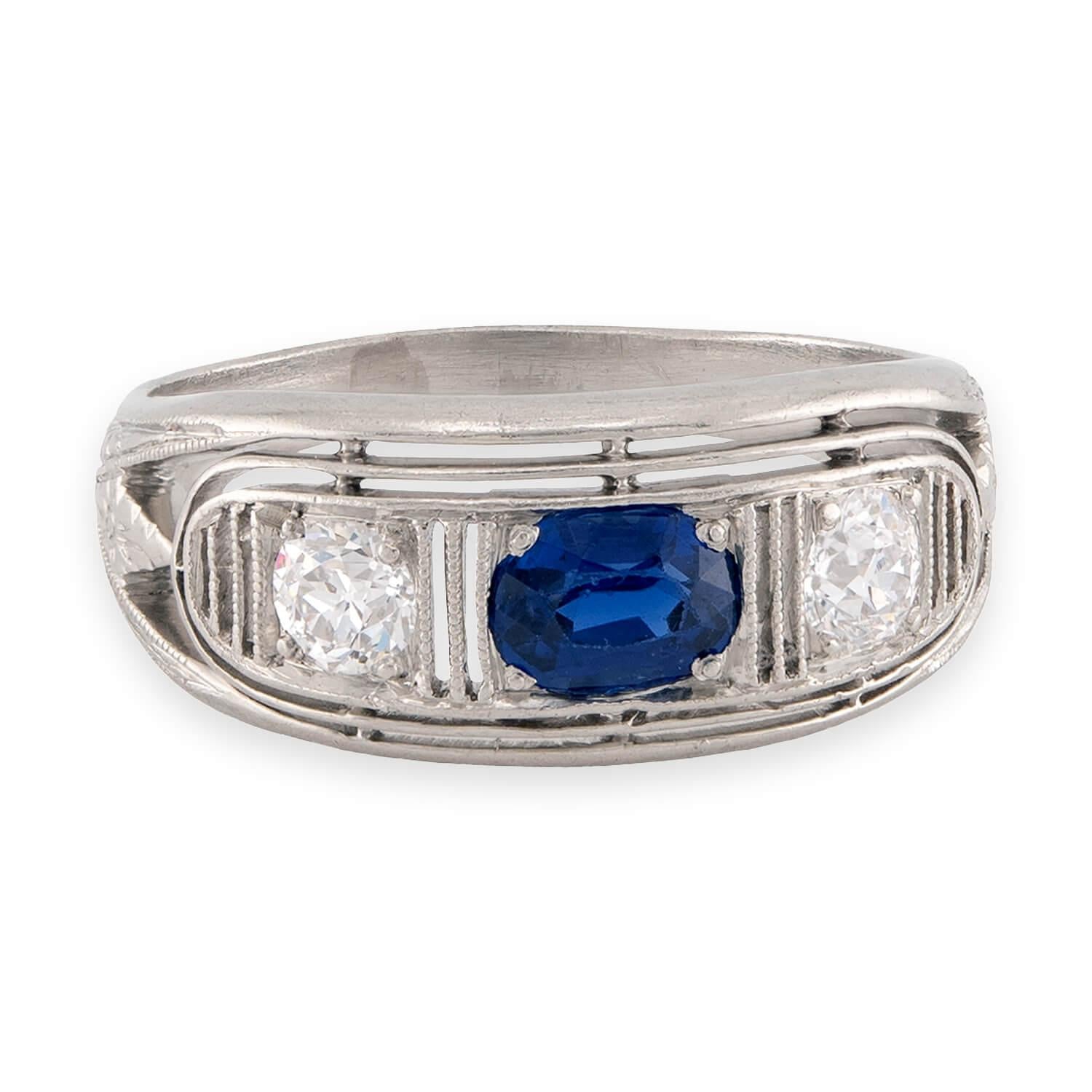Edwardian Platinum Sapphire & Diamond Three Stone Ring