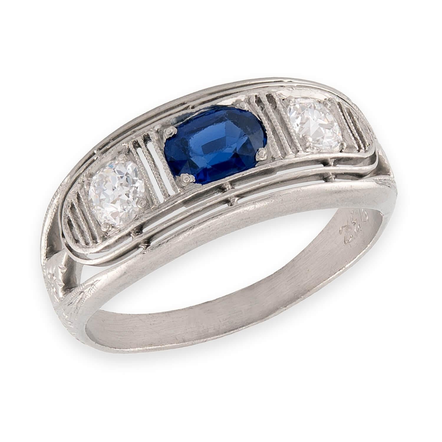 Edwardian Platinum Sapphire & Diamond Three Stone Ring