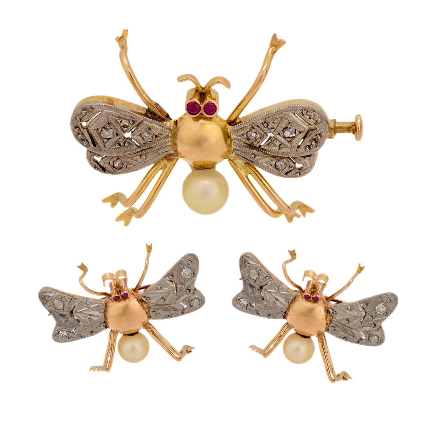 Retro 14k/Sterling Silver Ruby, Diamond, and Pearl Bug Pin Set