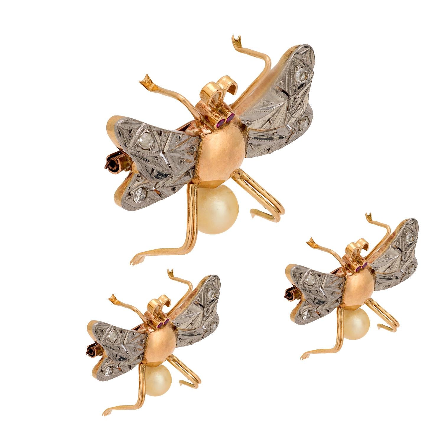 Retro 14k/Sterling Silver Ruby, Diamond, and Pearl Bug Pin Set