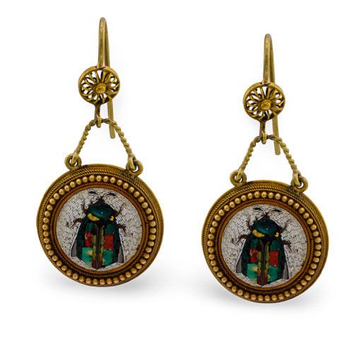 Victorian 18k Italian Micro Mosaic Fly Earrings