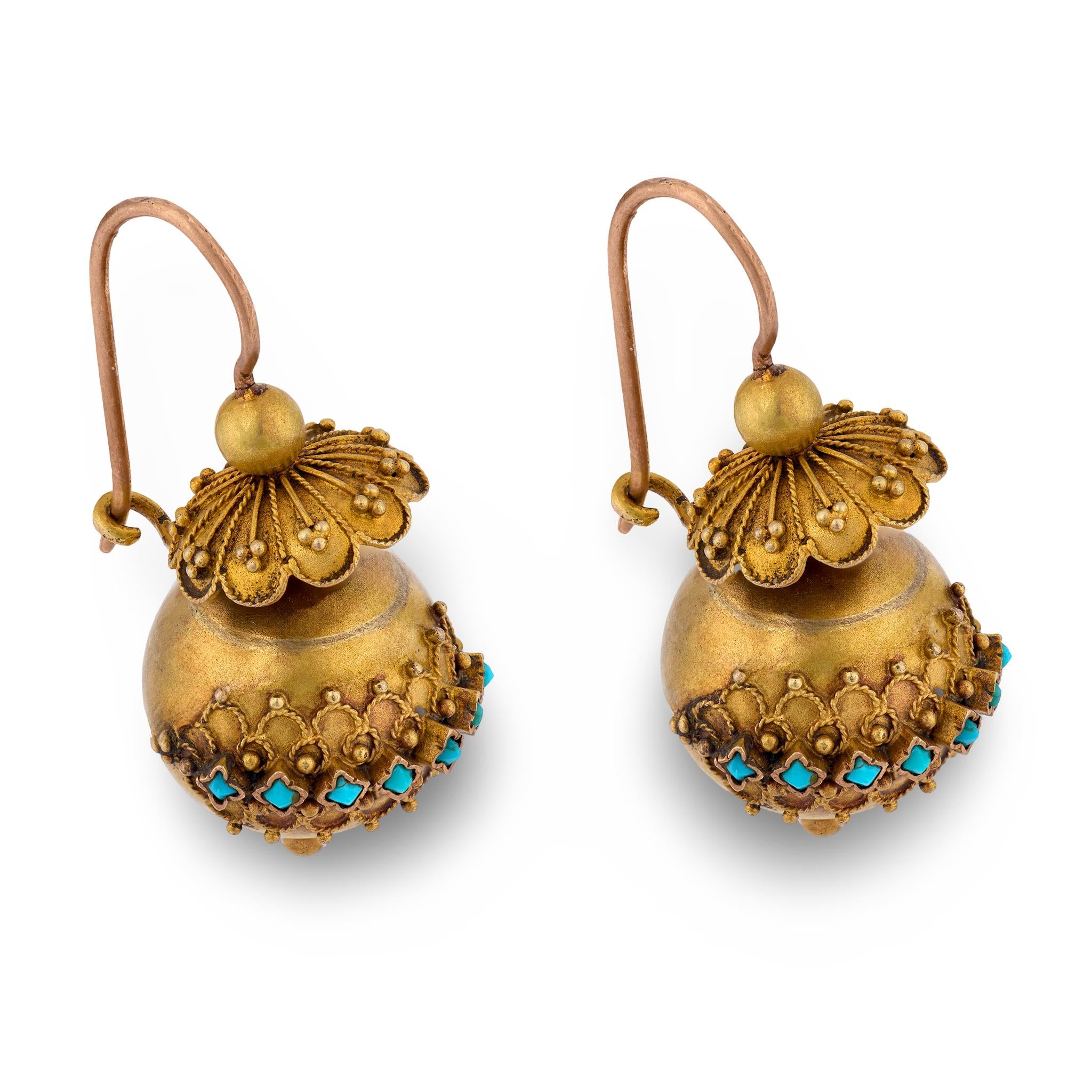 Victorian 14k Etruscan Turquoise Ball Earrings