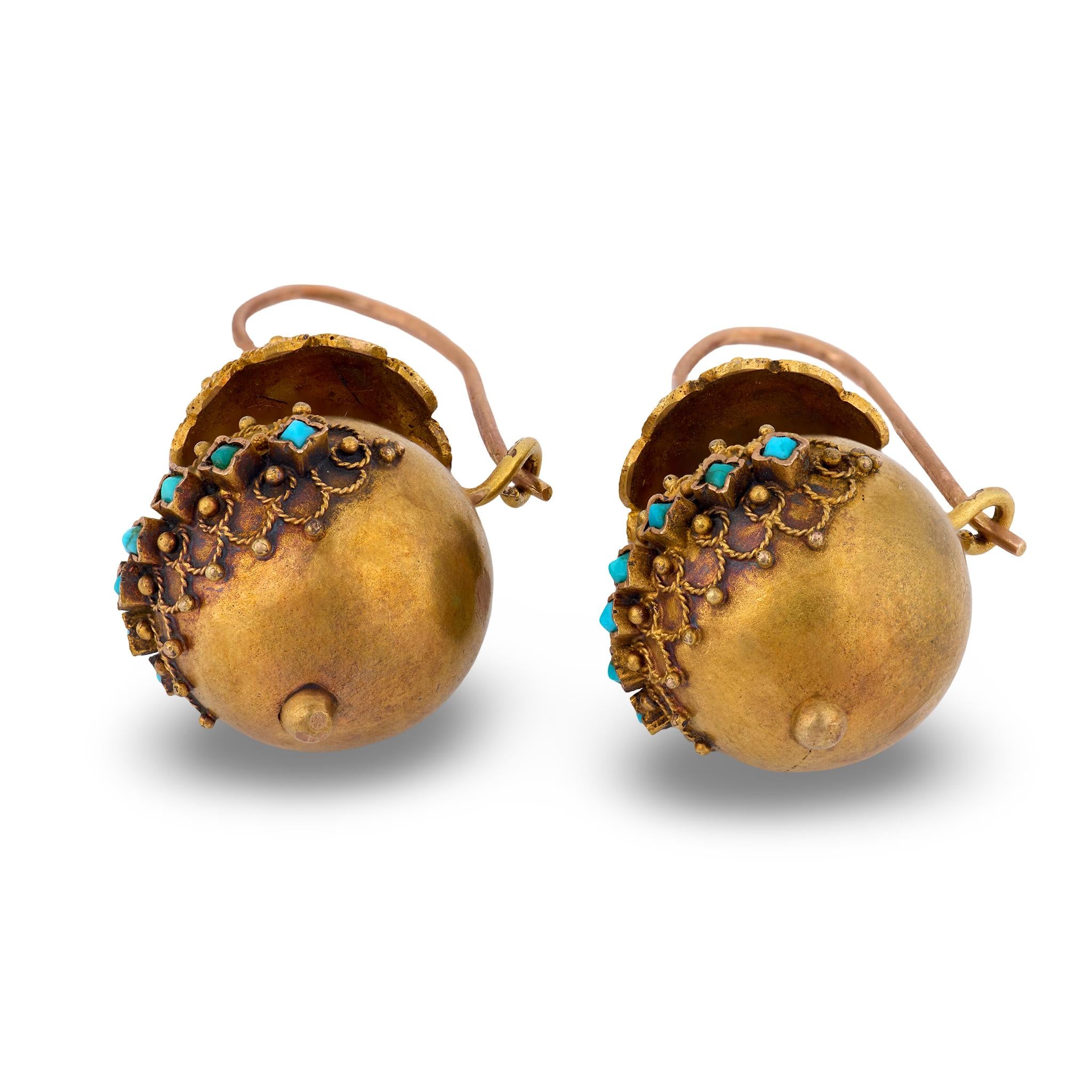 Victorian 14k Etruscan Turquoise Ball Earrings
