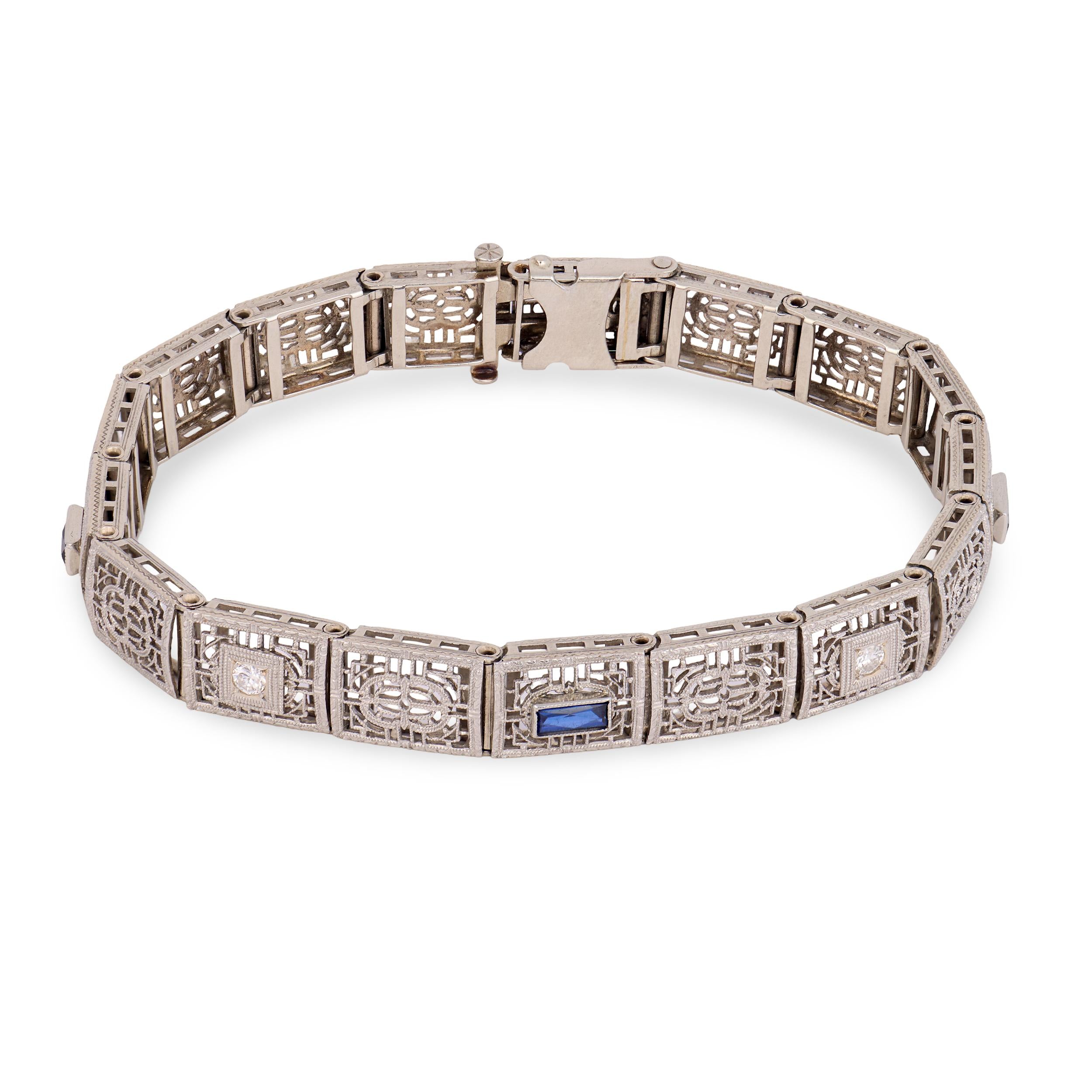 Art Deco 14k "Sapphire" & Diamond Line Bracelet