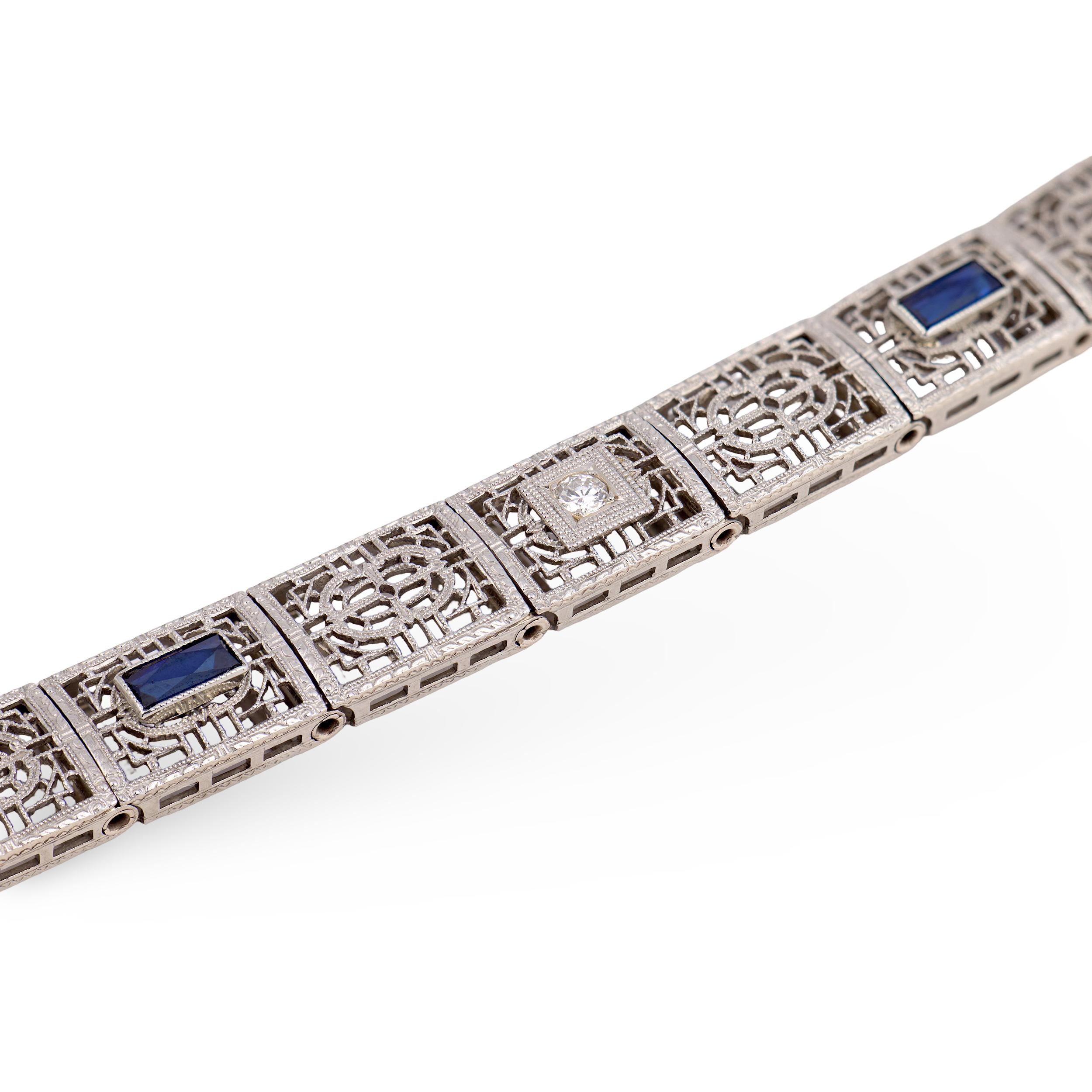 Art Deco 14k "Sapphire" & Diamond Line Bracelet