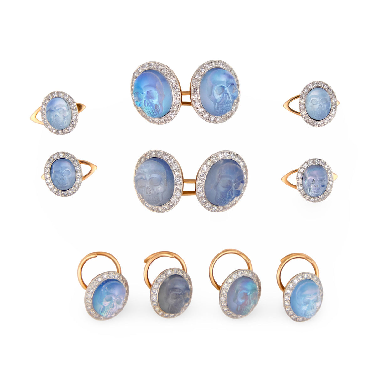 MORELLE DAVIDSON Estate 14k/Platinum Moonstone Skull-Motif 10-Piece Cufflink Set