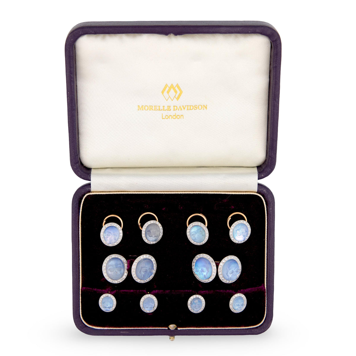 MORELLE DAVIDSON Estate 14k/Platinum Moonstone Skull-Motif 10-Piece Cufflink Set