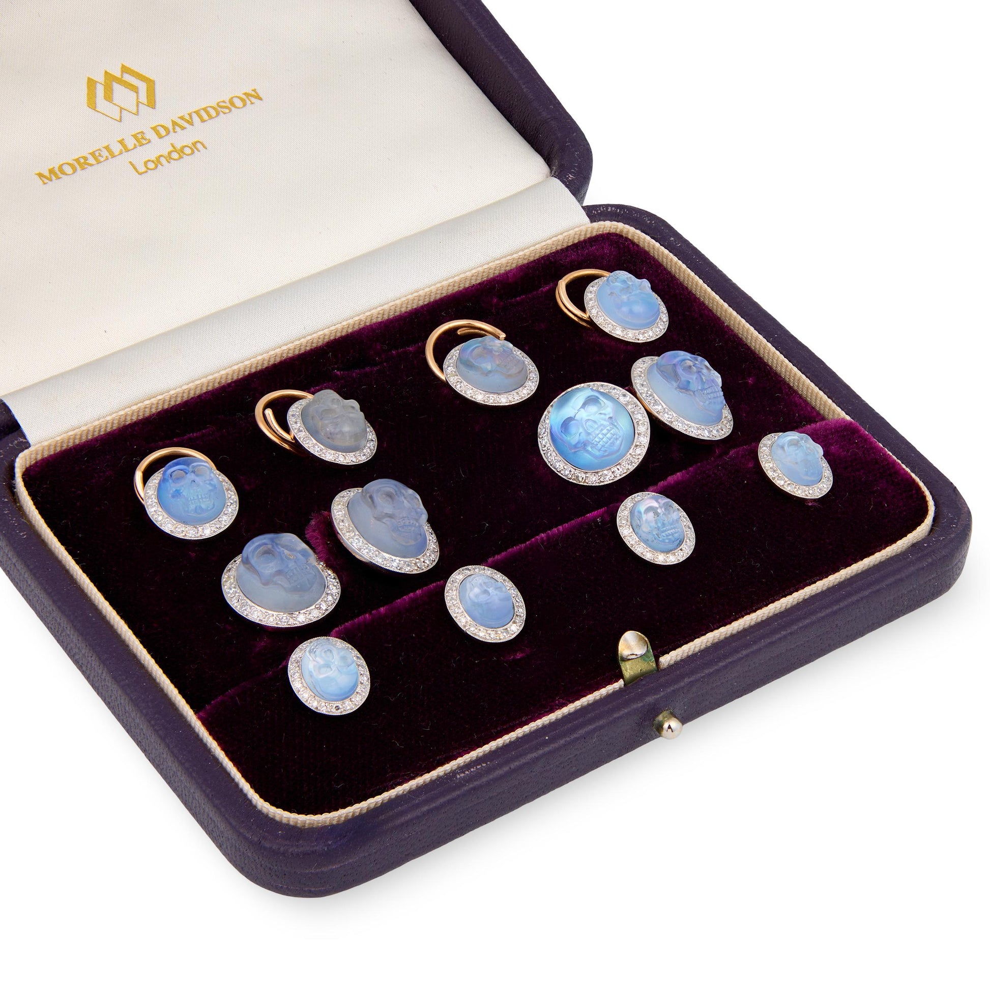 MORELLE DAVIDSON Estate 14k/Platinum Moonstone Skull-Motif 10-Piece Cufflink Set
