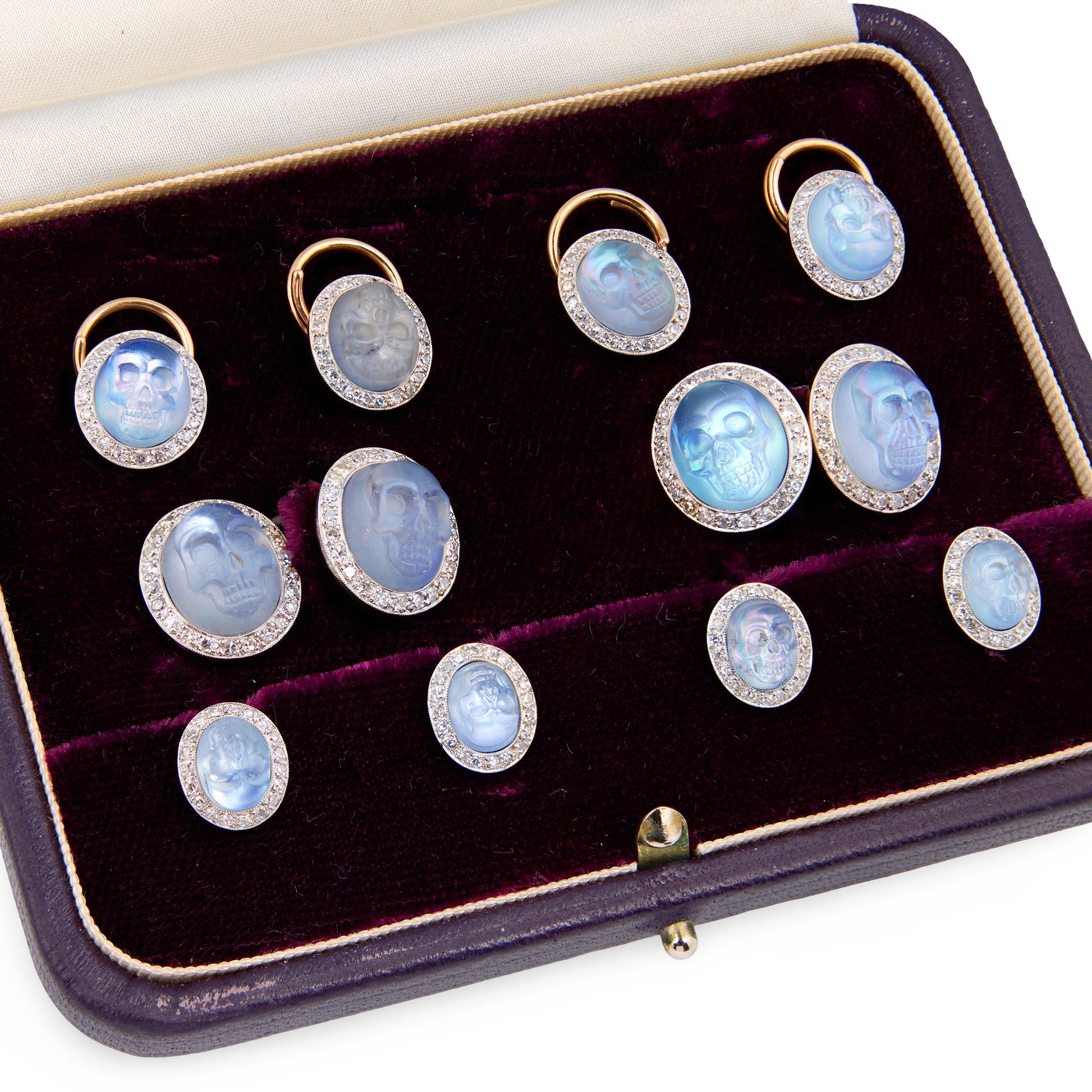 MORELLE DAVIDSON Estate 14k/Platinum Moonstone Skull-Motif 10-Piece Cufflink Set