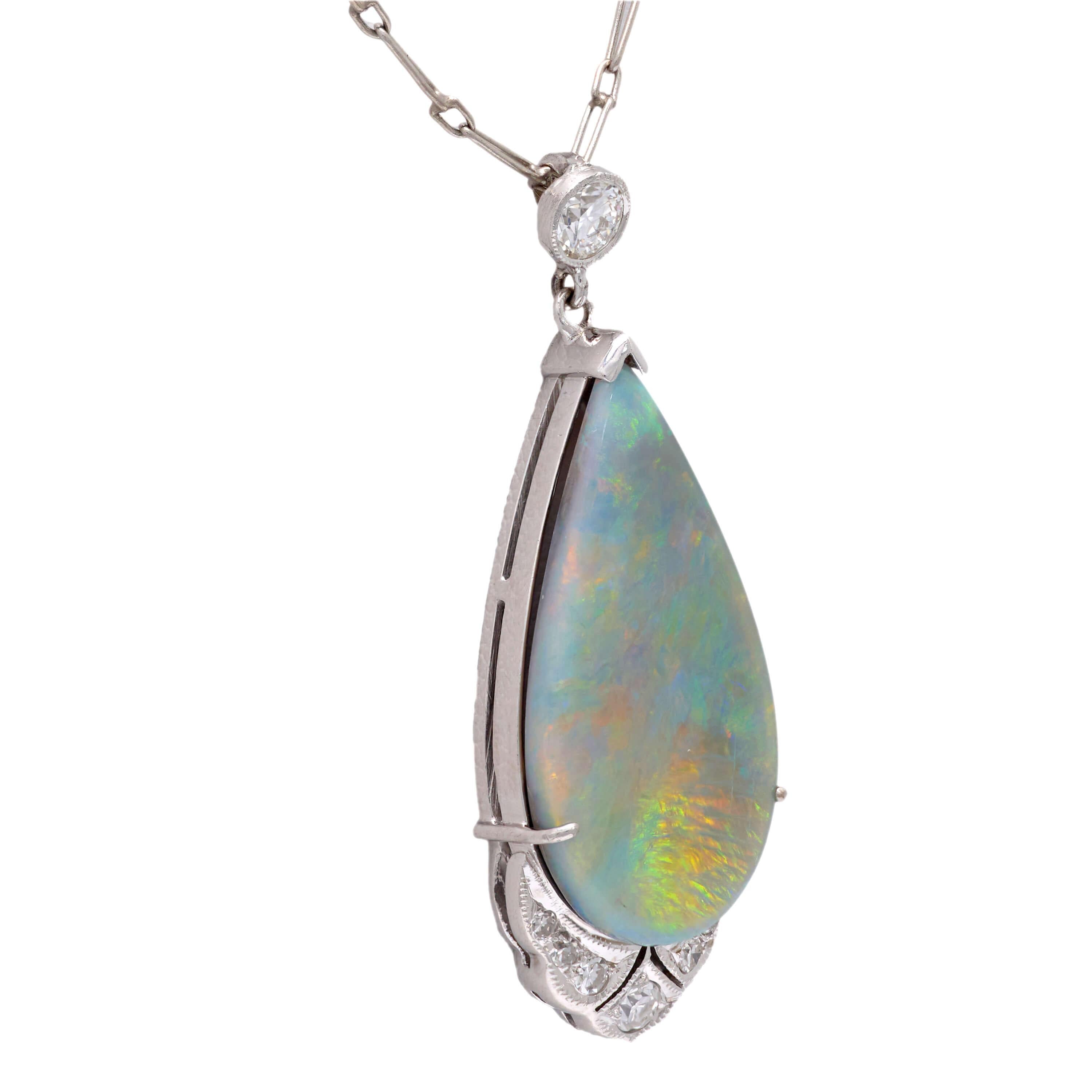 Art Deco 18k Opal and Diamond Teardrop Pendant Necklace