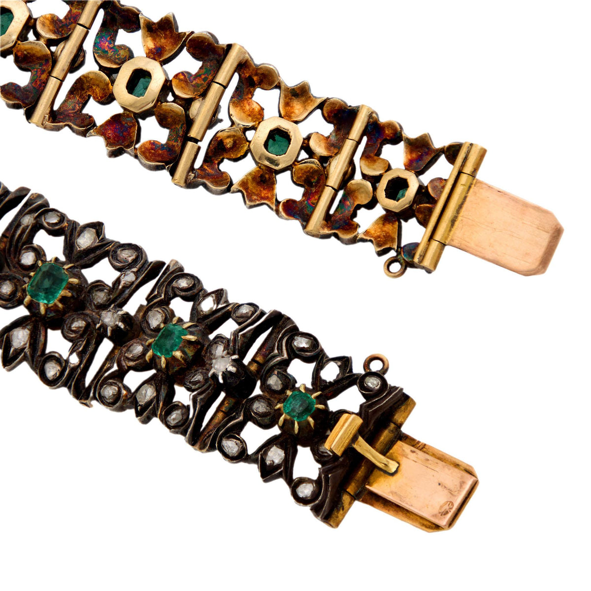 Regency Russian 14k Gold/Sterling Silver Emerald & Diamond Line Bracelet
