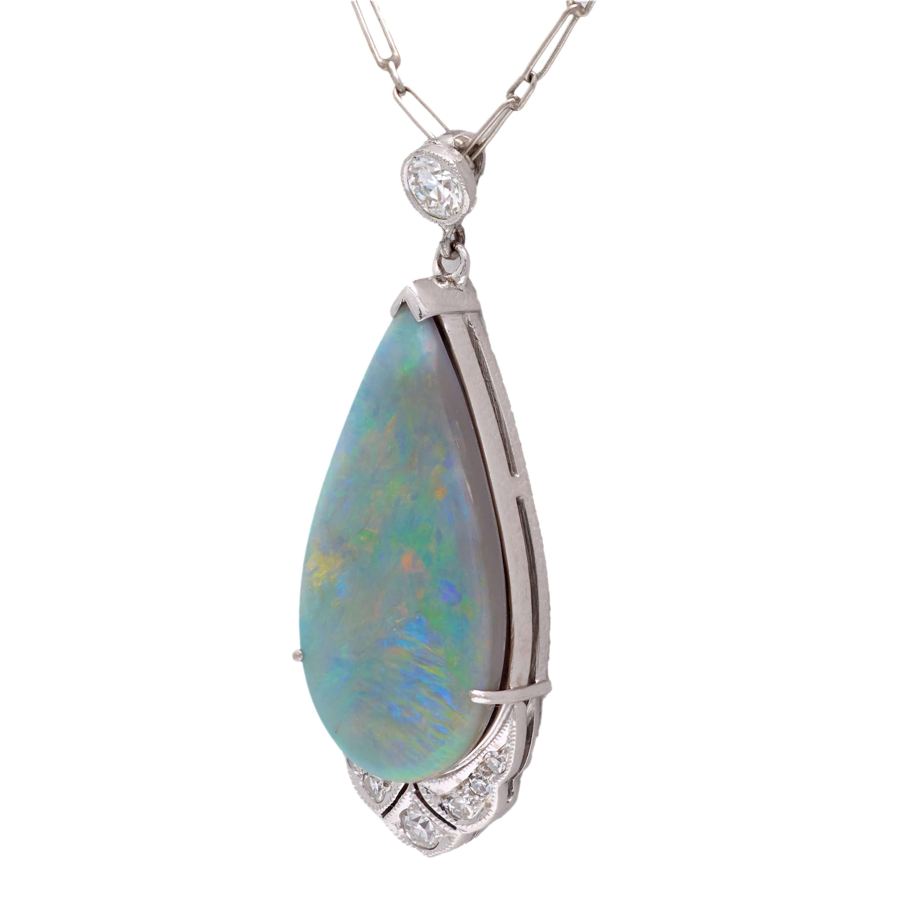 Art Deco 18k Opal and Diamond Teardrop Pendant Necklace