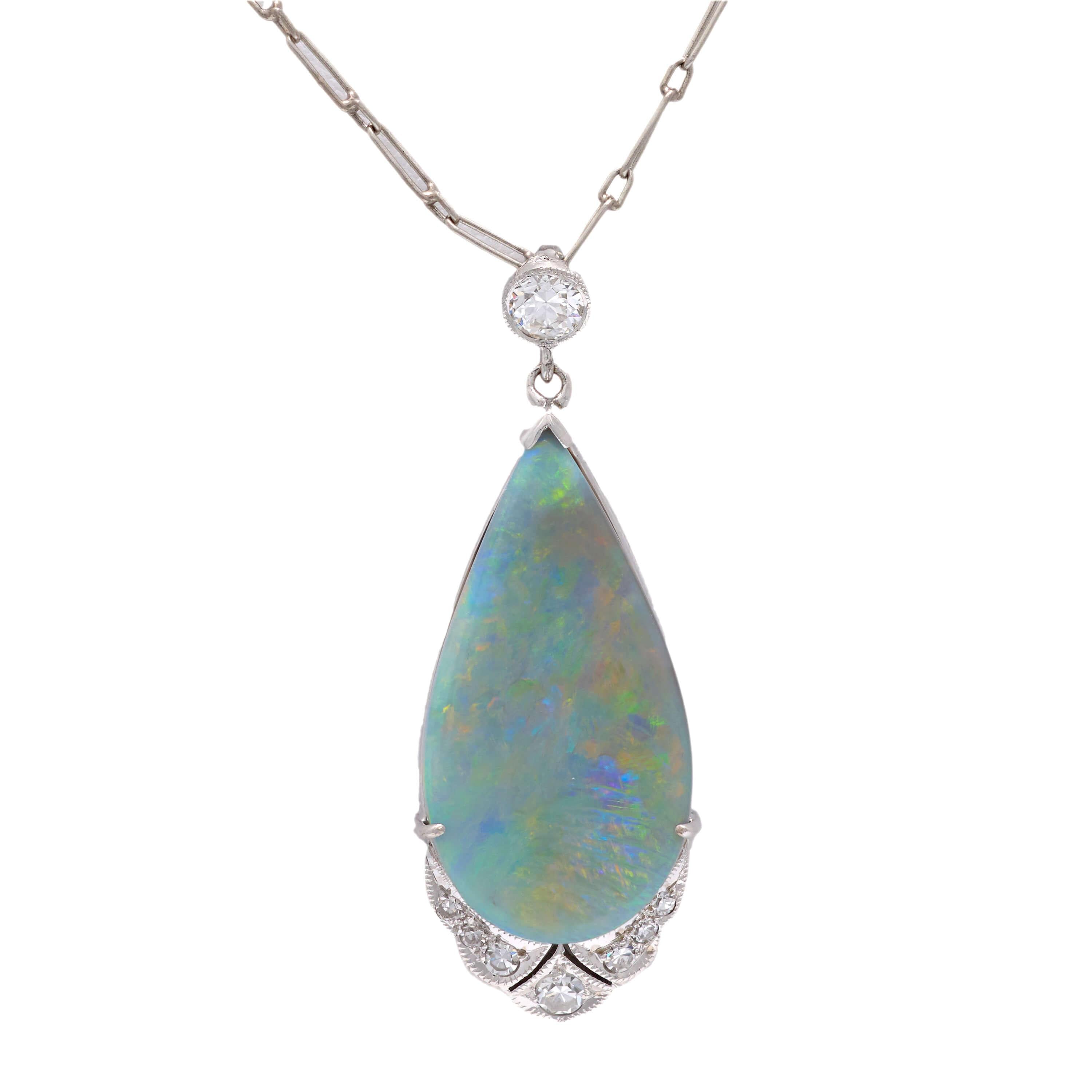 Art Deco 18k Opal and Diamond Teardrop Pendant Necklace