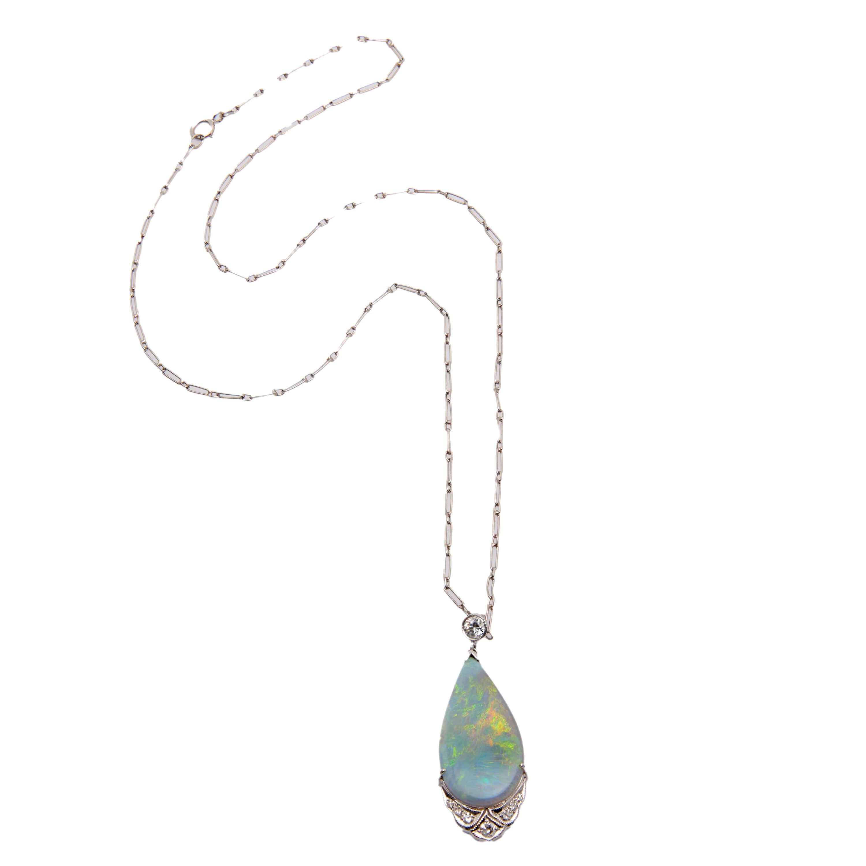 Art Deco 18k Opal and Diamond Teardrop Pendant Necklace
