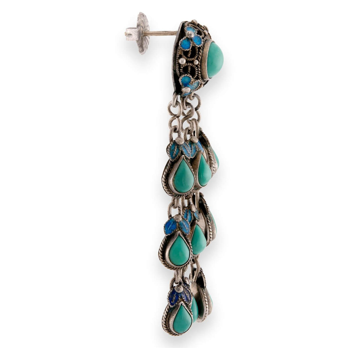 Art Deco Chinese Silver Gilt Turquoise & Enamel Dangle Earrings