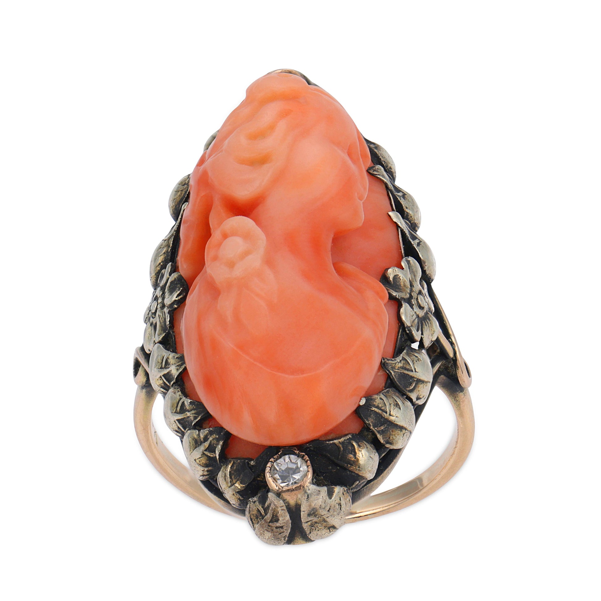 Victorian 14k Coral & Diamond Cameo Ring
