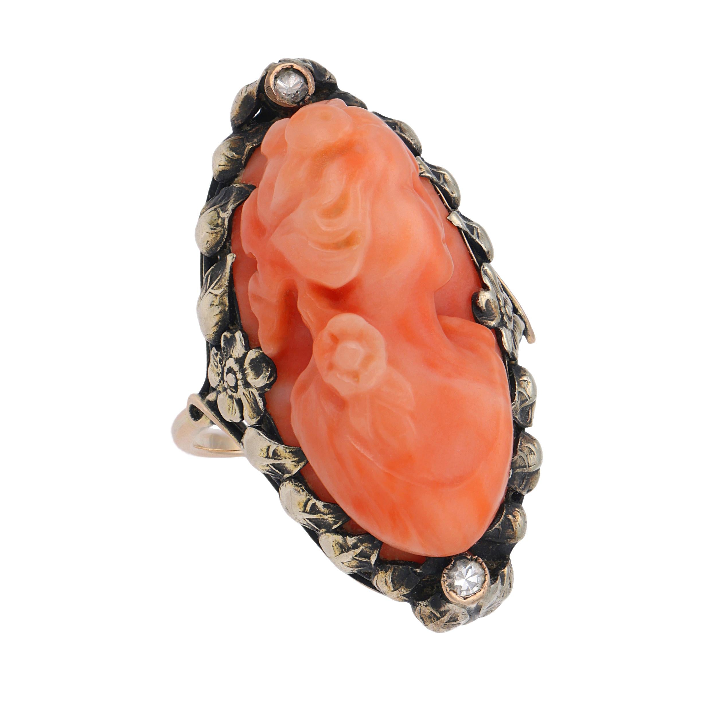 Victorian 14k Coral & Diamond Cameo Ring