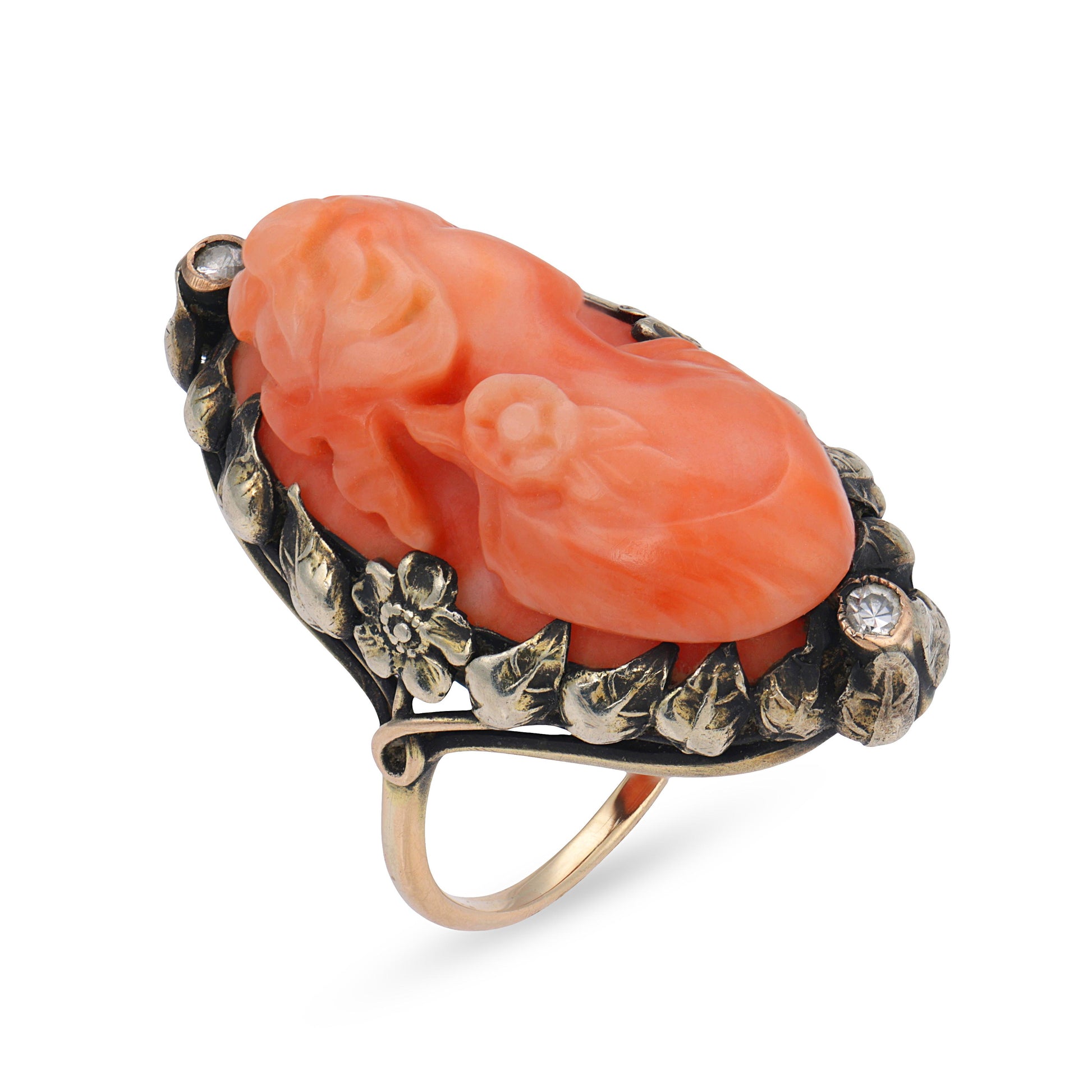 Victorian 14k Coral & Diamond Cameo Ring