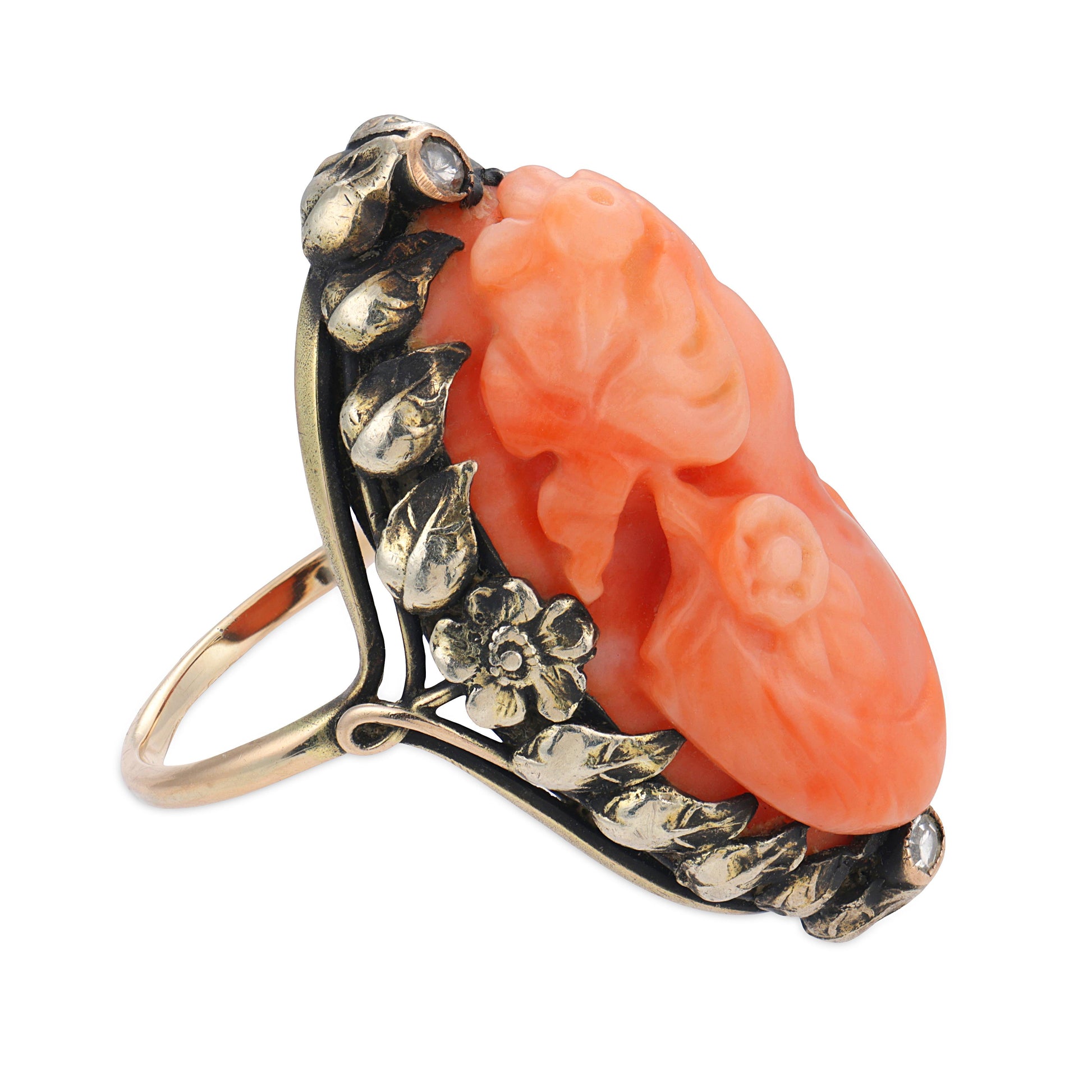 Victorian 14k Coral & Diamond Cameo Ring