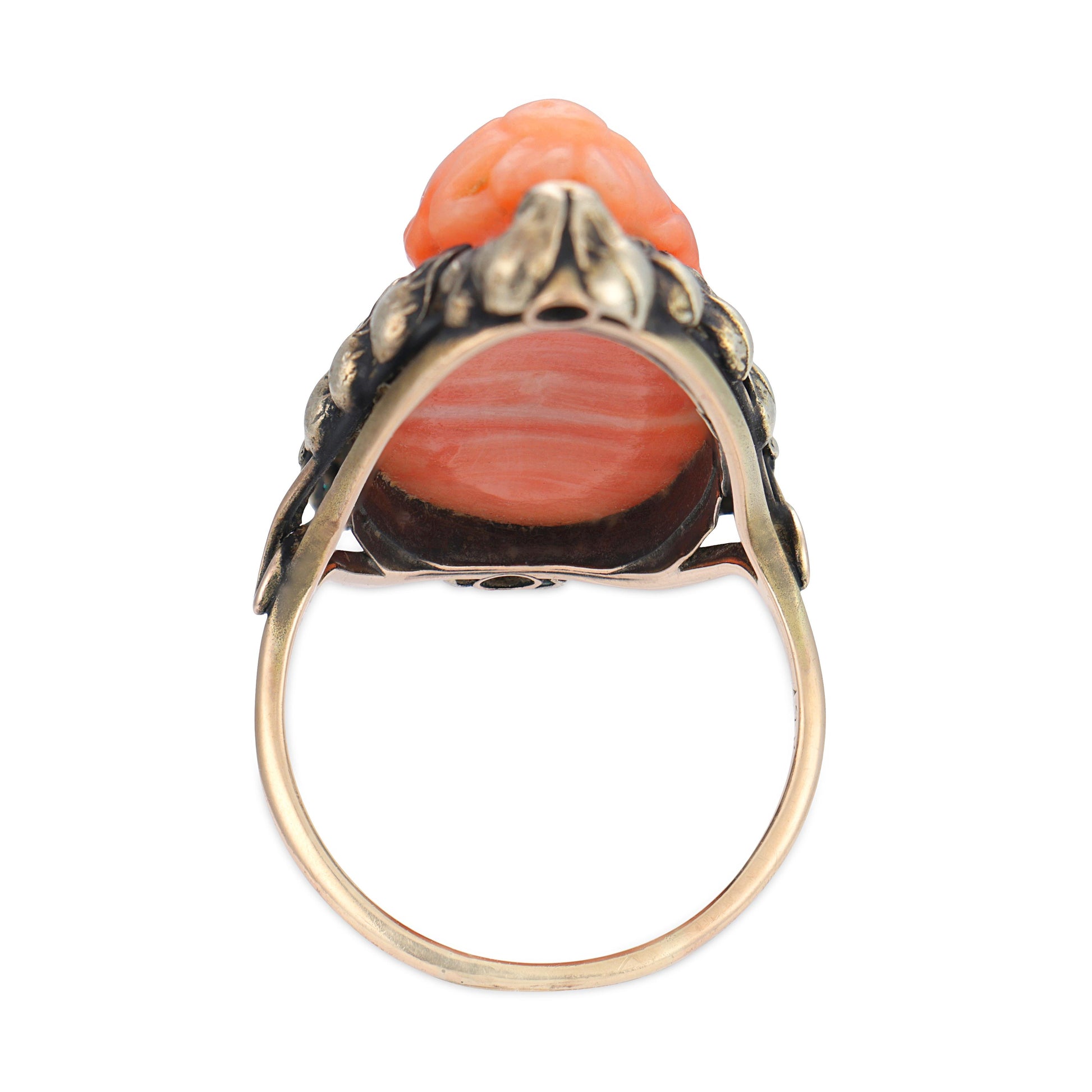 Victorian 14k Coral & Diamond Cameo Ring