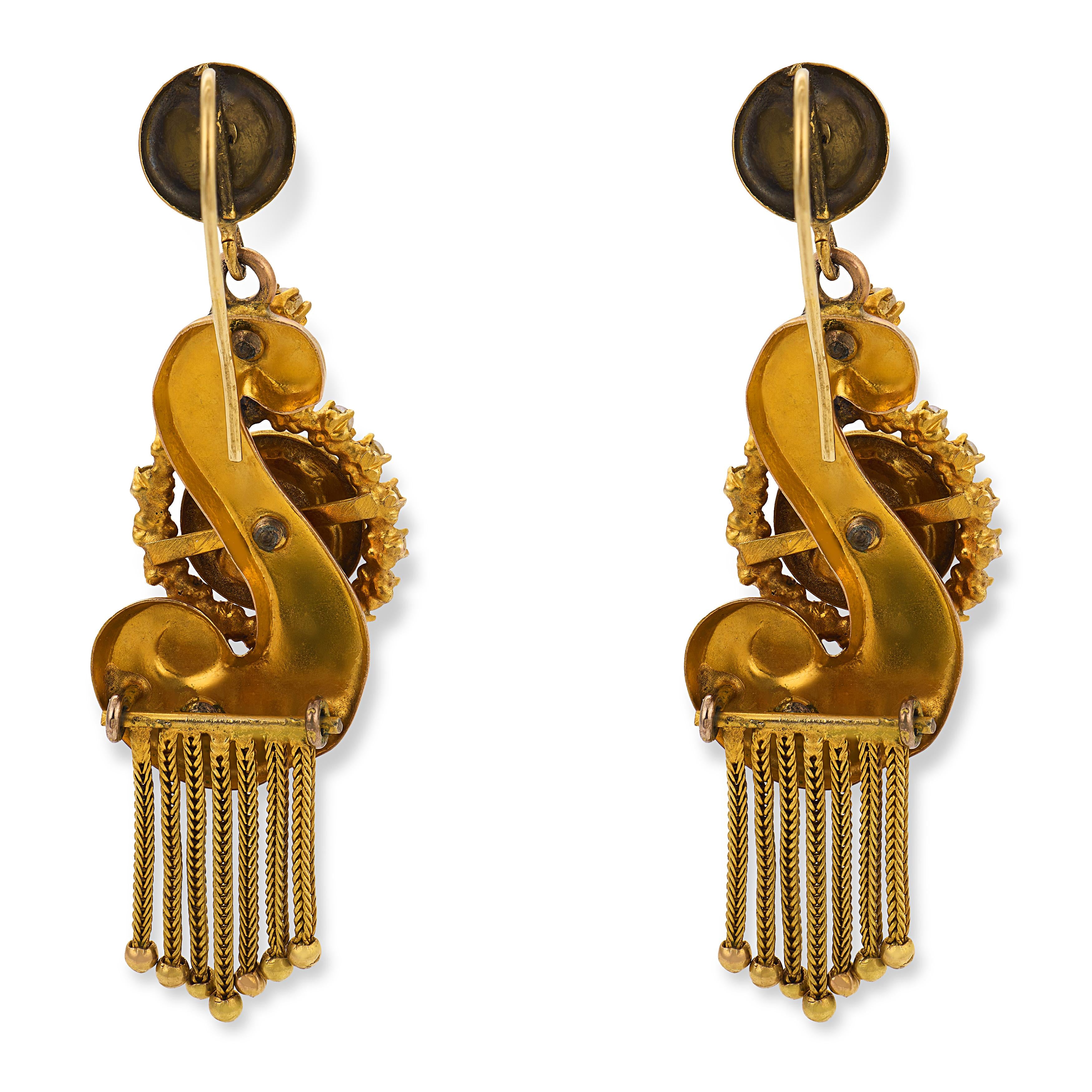 Victorian 14k Pearl & Enamel Cherub-Motif Dangle Earrings