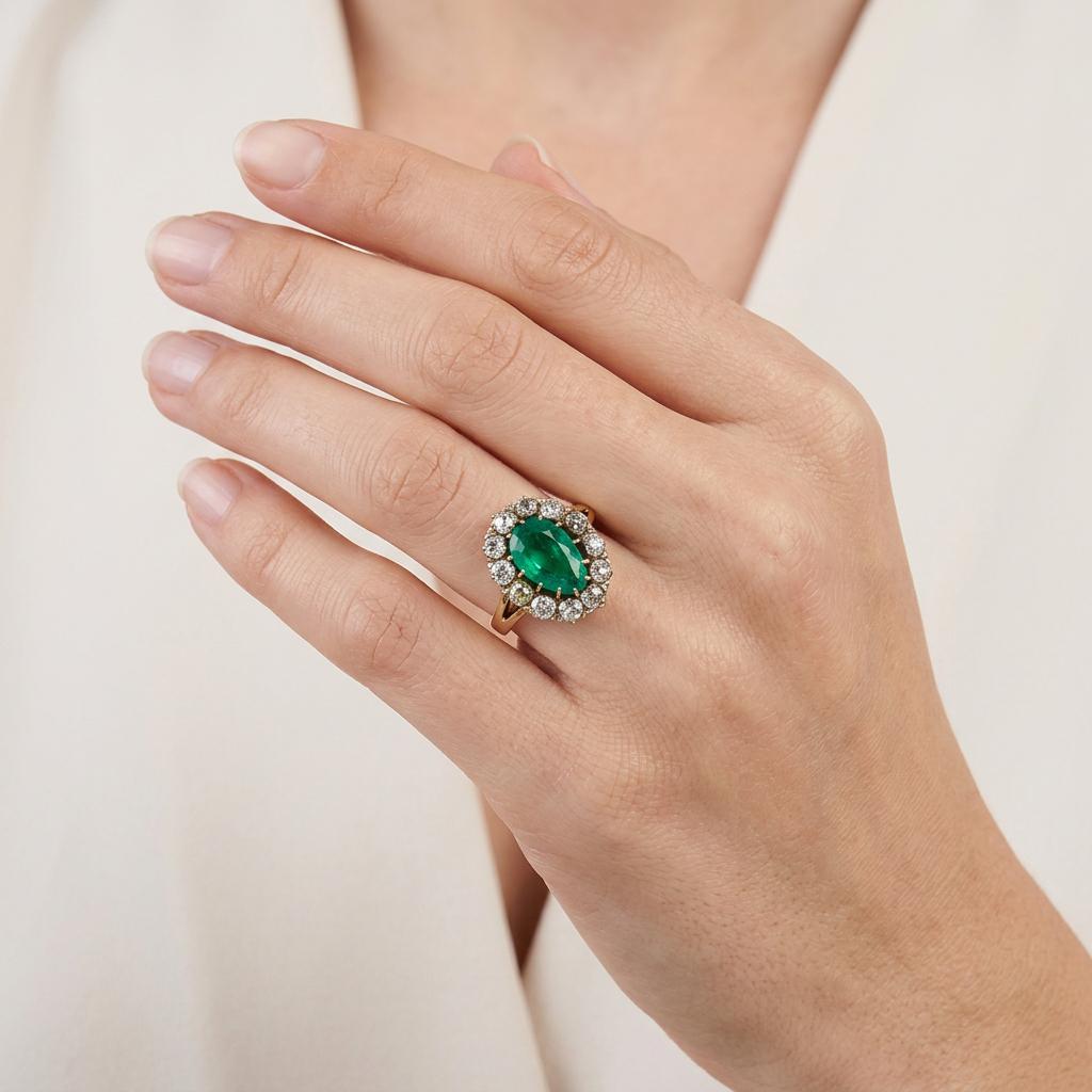 Victorian 14k Emerald and Diamond Halo Ring