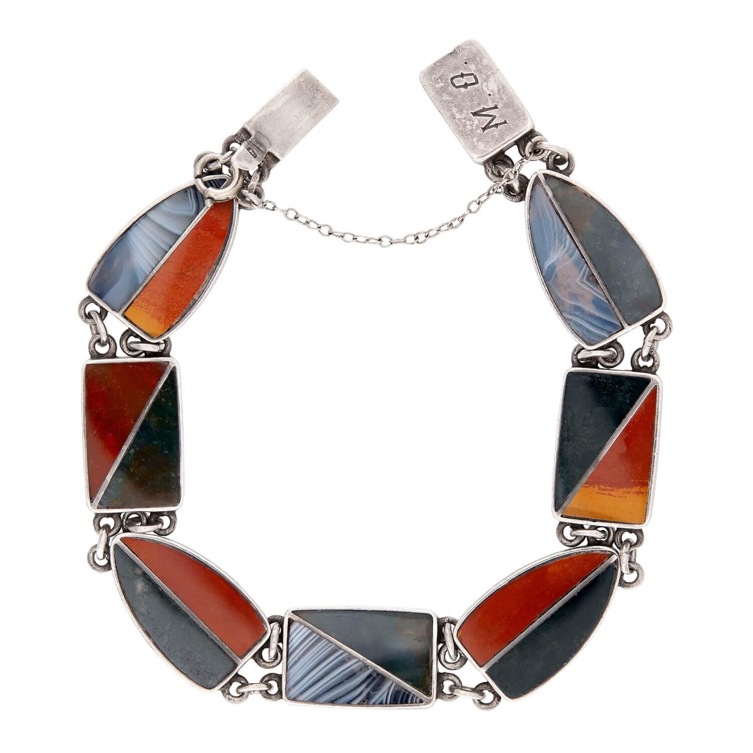 JAMES CARTLAND & SONS Art Deco Sterling Silver Scottish Agate Link Bracelet