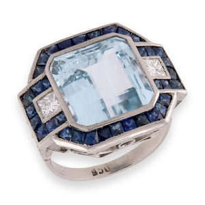 Vintage Platinum 10ct+ Aqua, Sapphire, & Diamond Cocktail Ring