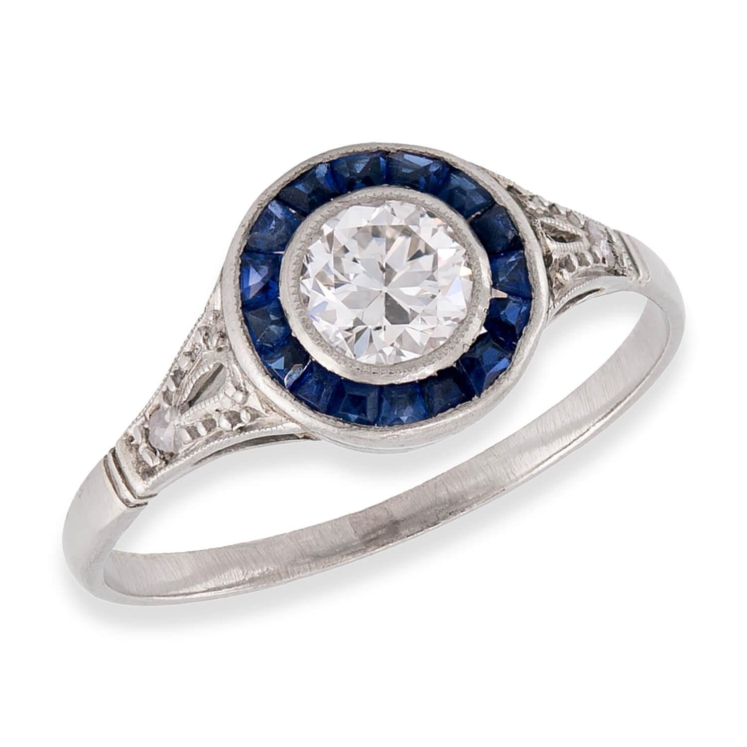 Art Deco Platinum Diamond & Sapphire Engagement Ring .35ct