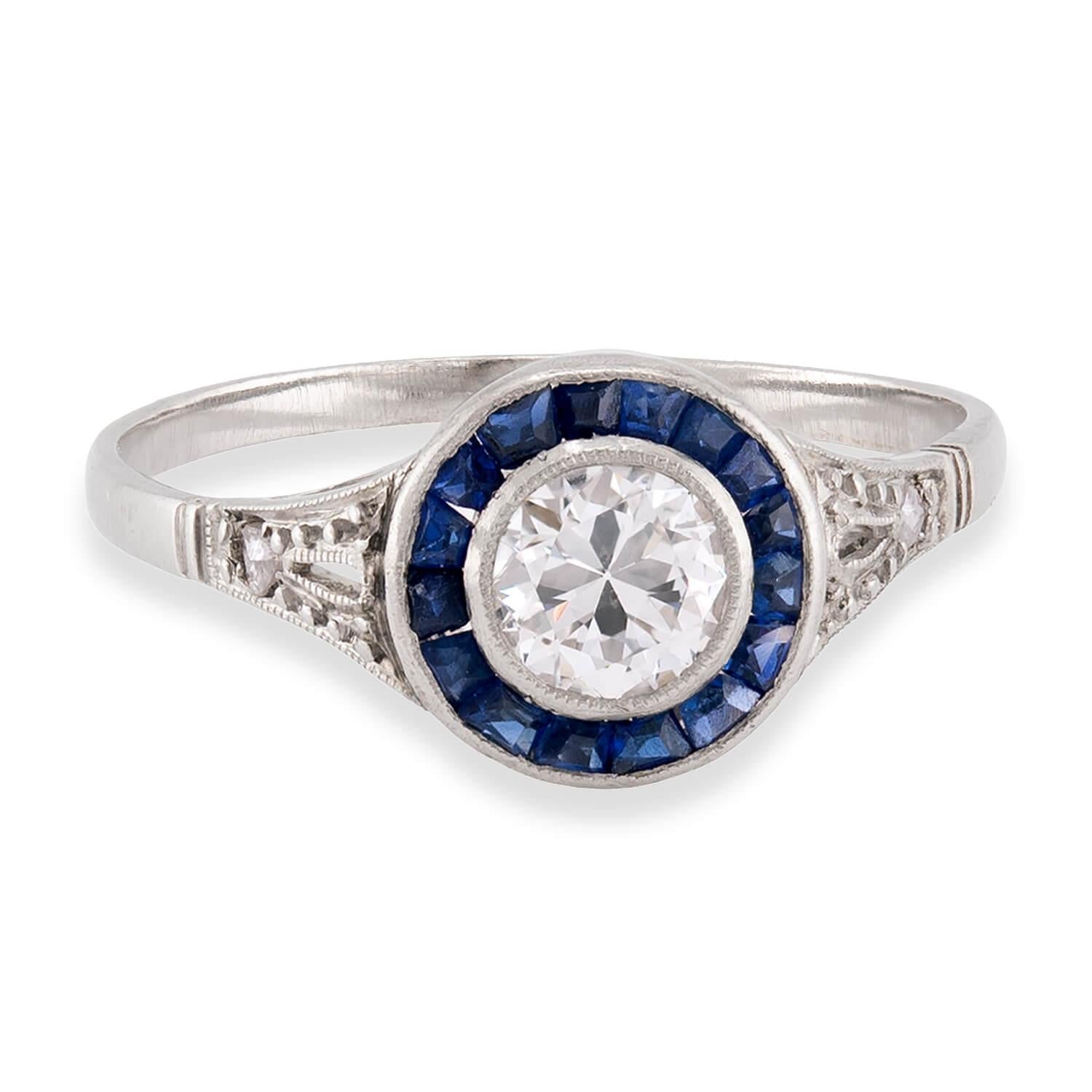 Art Deco Platinum Diamond & Sapphire Engagement Ring .35ct