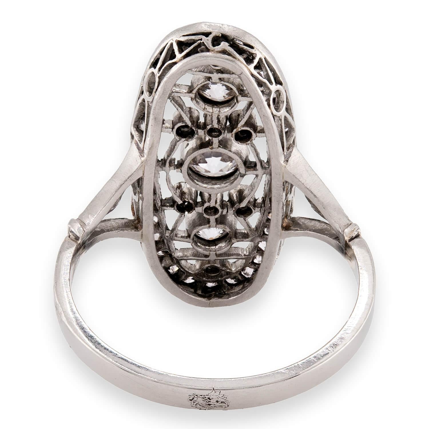 Edwardian Russian Platinum Diamond Navette Ring