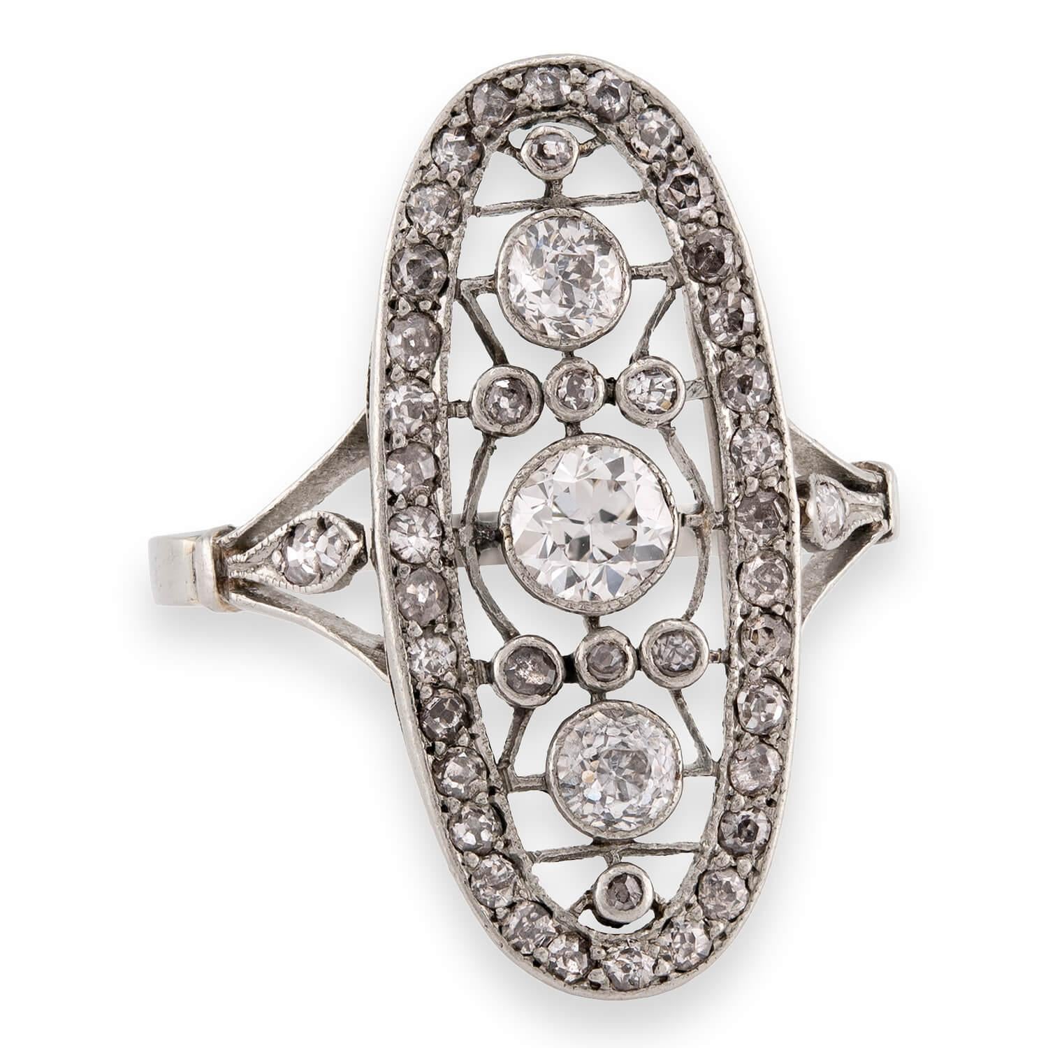 Edwardian Russian Platinum Diamond Navette Ring
