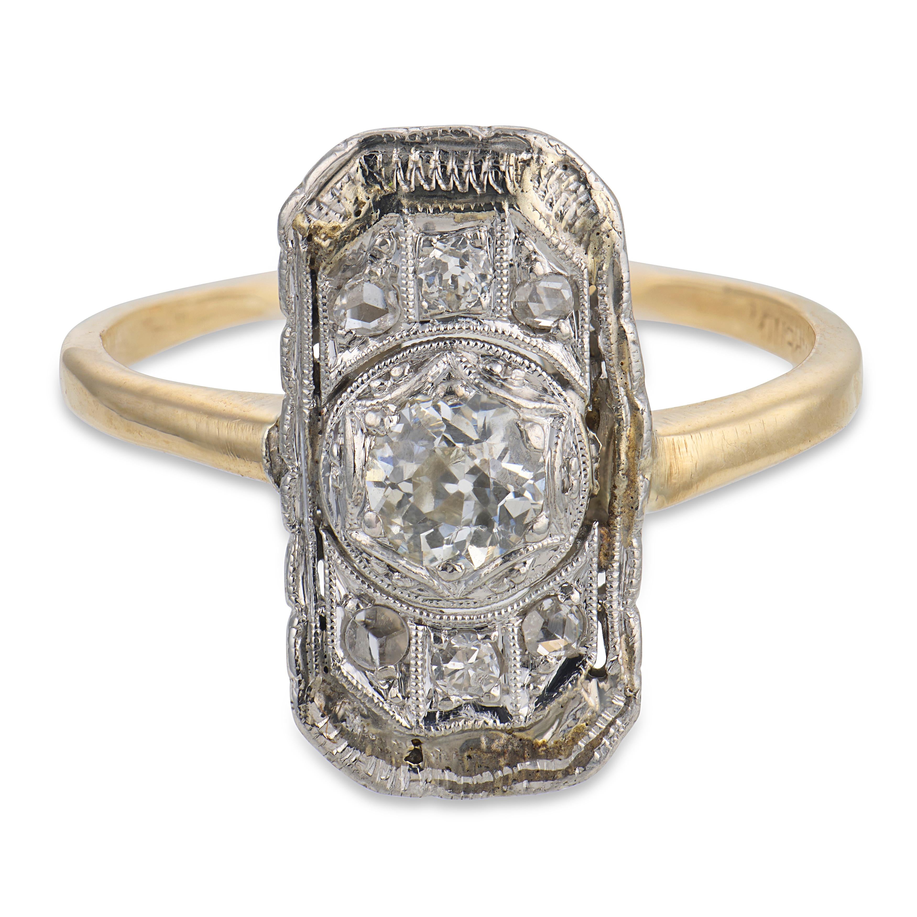 Edwardian 14k/Platinum Diamond Navette Ring