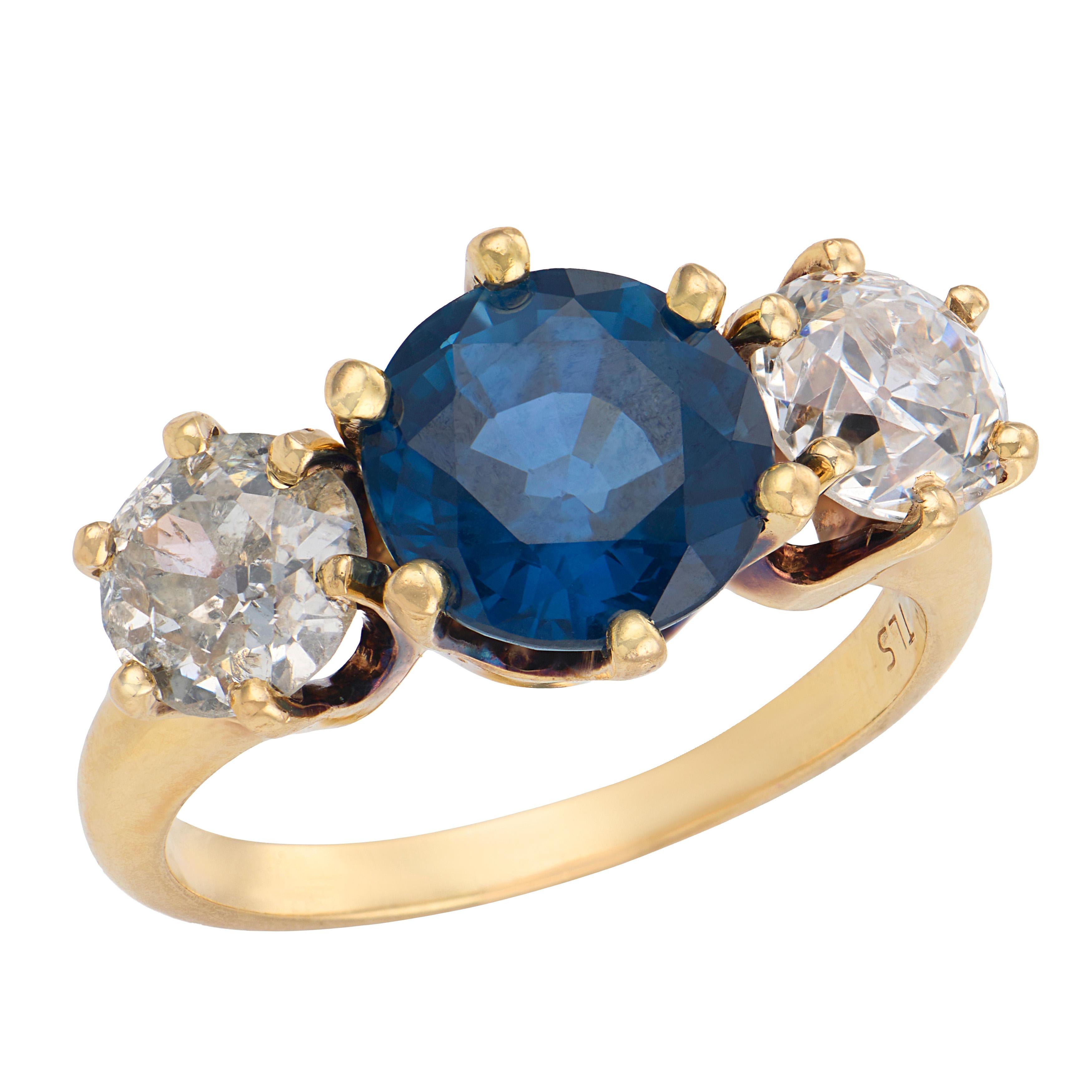 Retro 14k Sapphire & Diamond Three Stone Ring