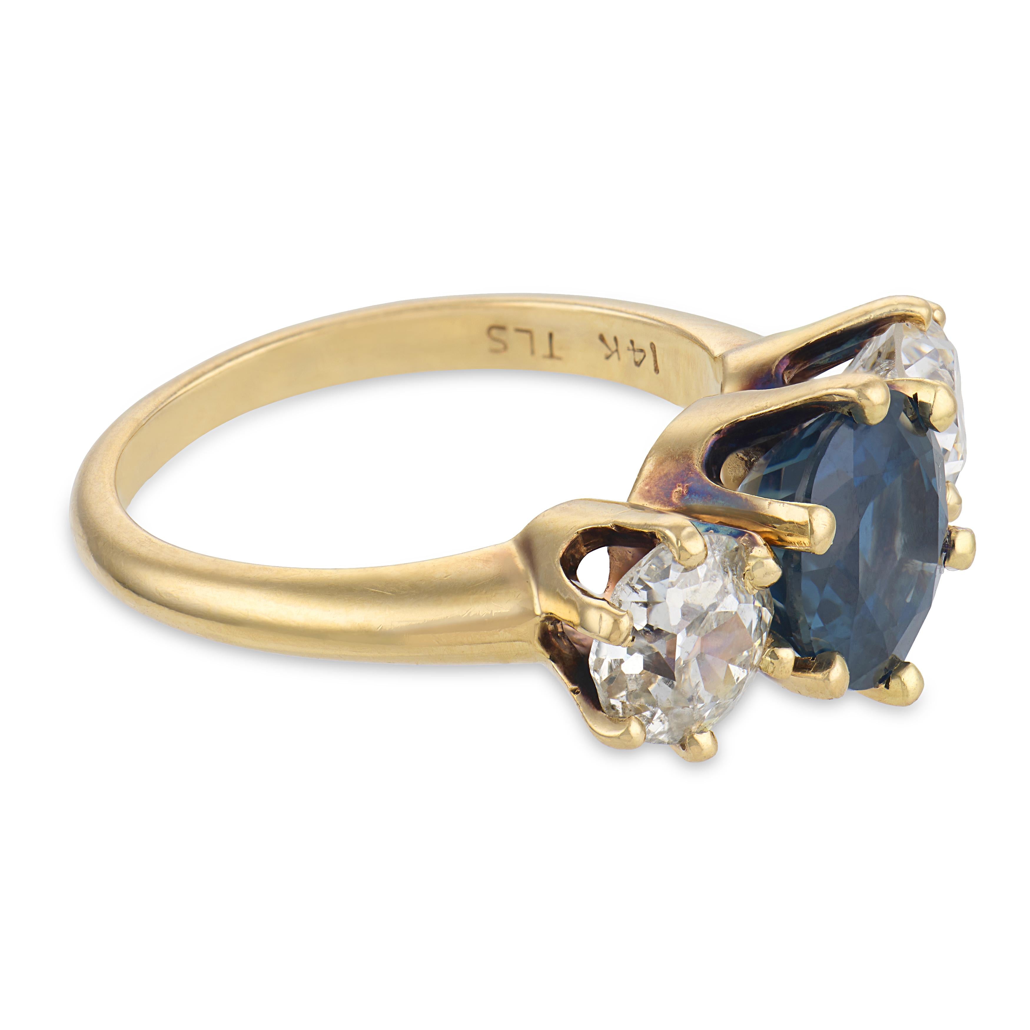 Retro 14k Sapphire & Diamond Three Stone Ring