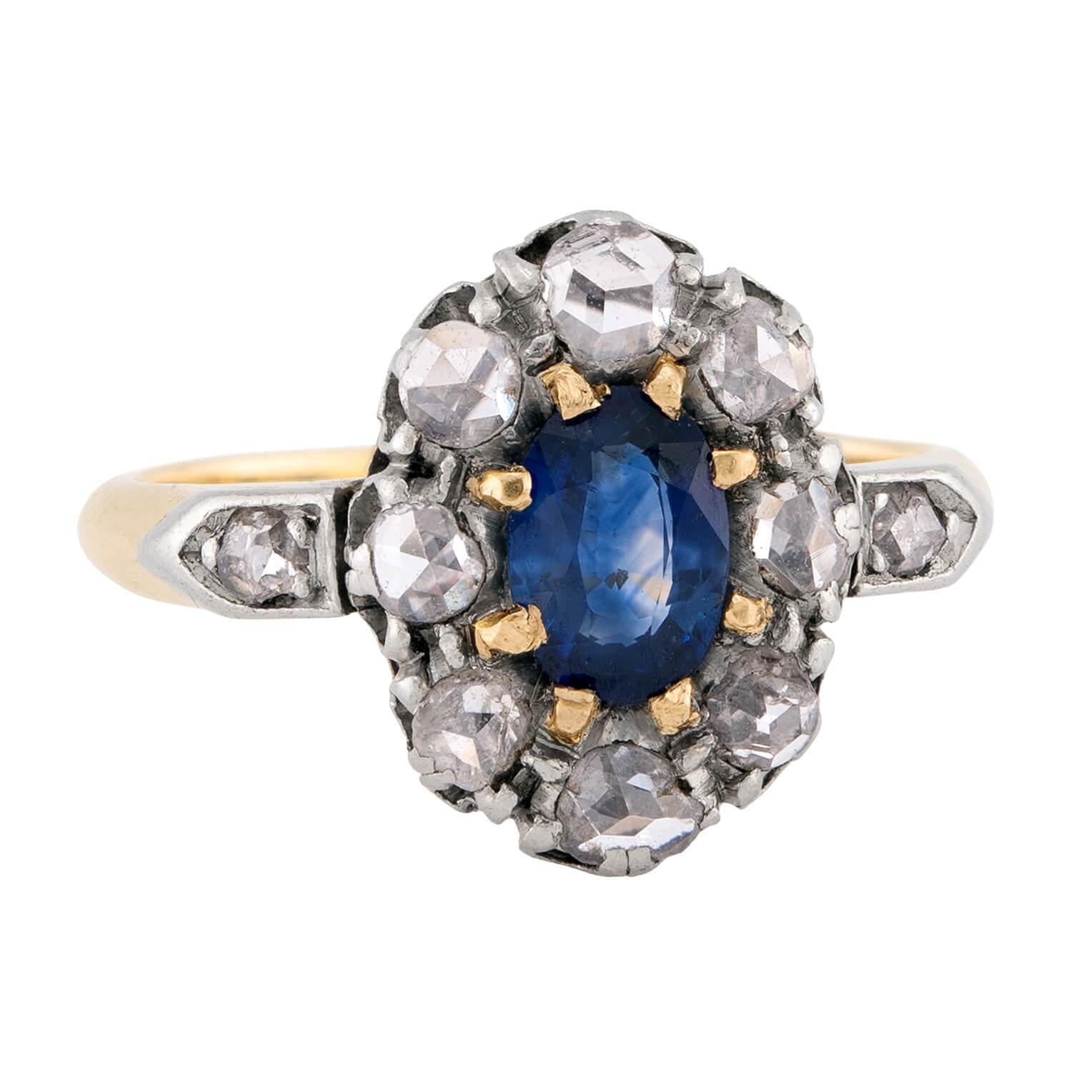 Art Nouveau 18k/Platinum Sapphire & Diamond Halo Ring
