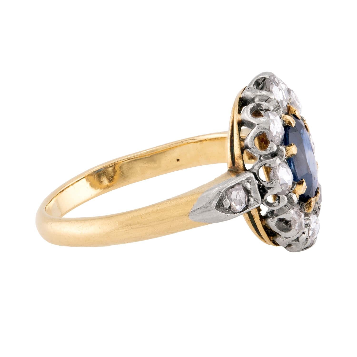 Art Nouveau 18k/Platinum Sapphire & Diamond Halo Ring