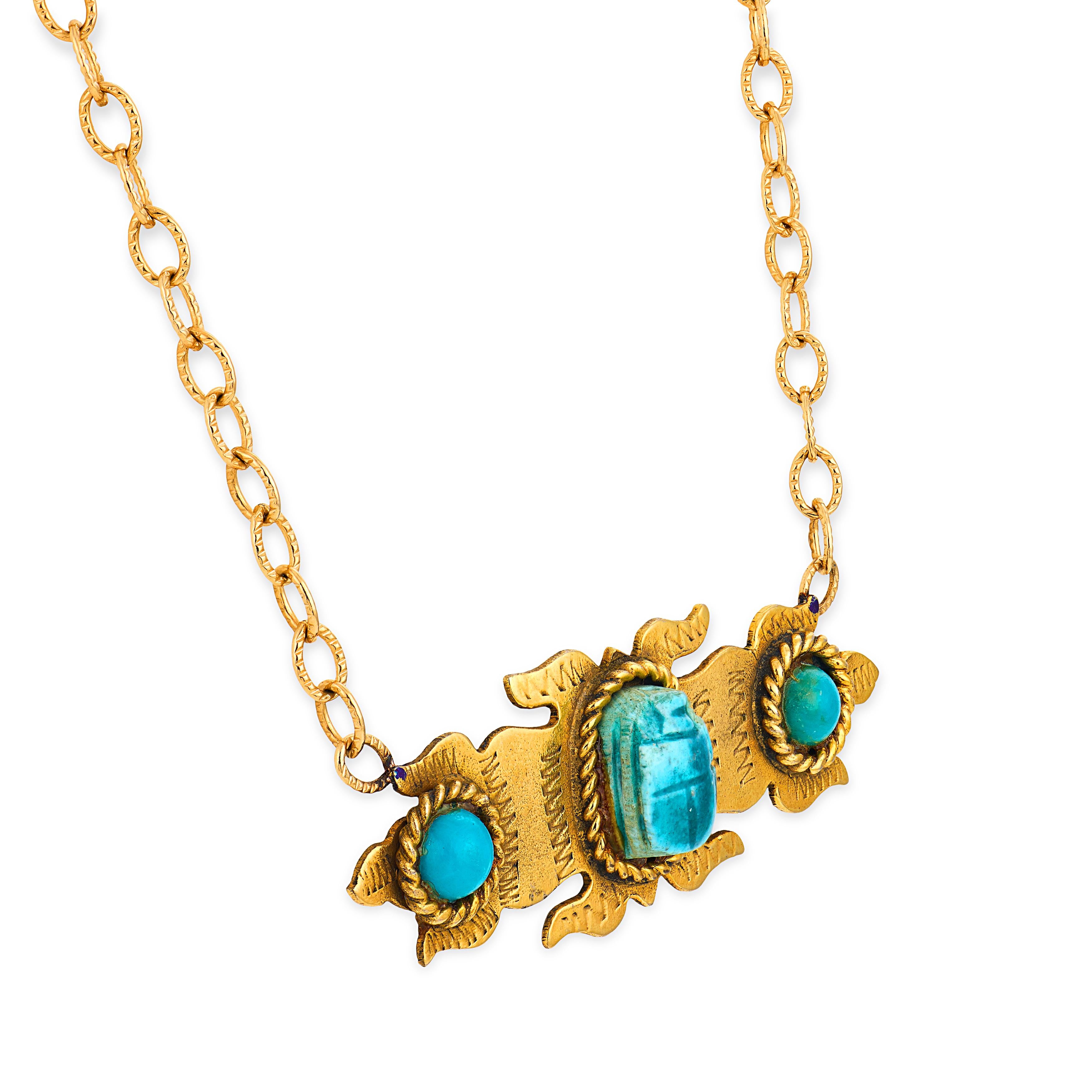 Victorian Gold-Fill Faience & Turquoise Scarab-Motif Pendant Necklace
