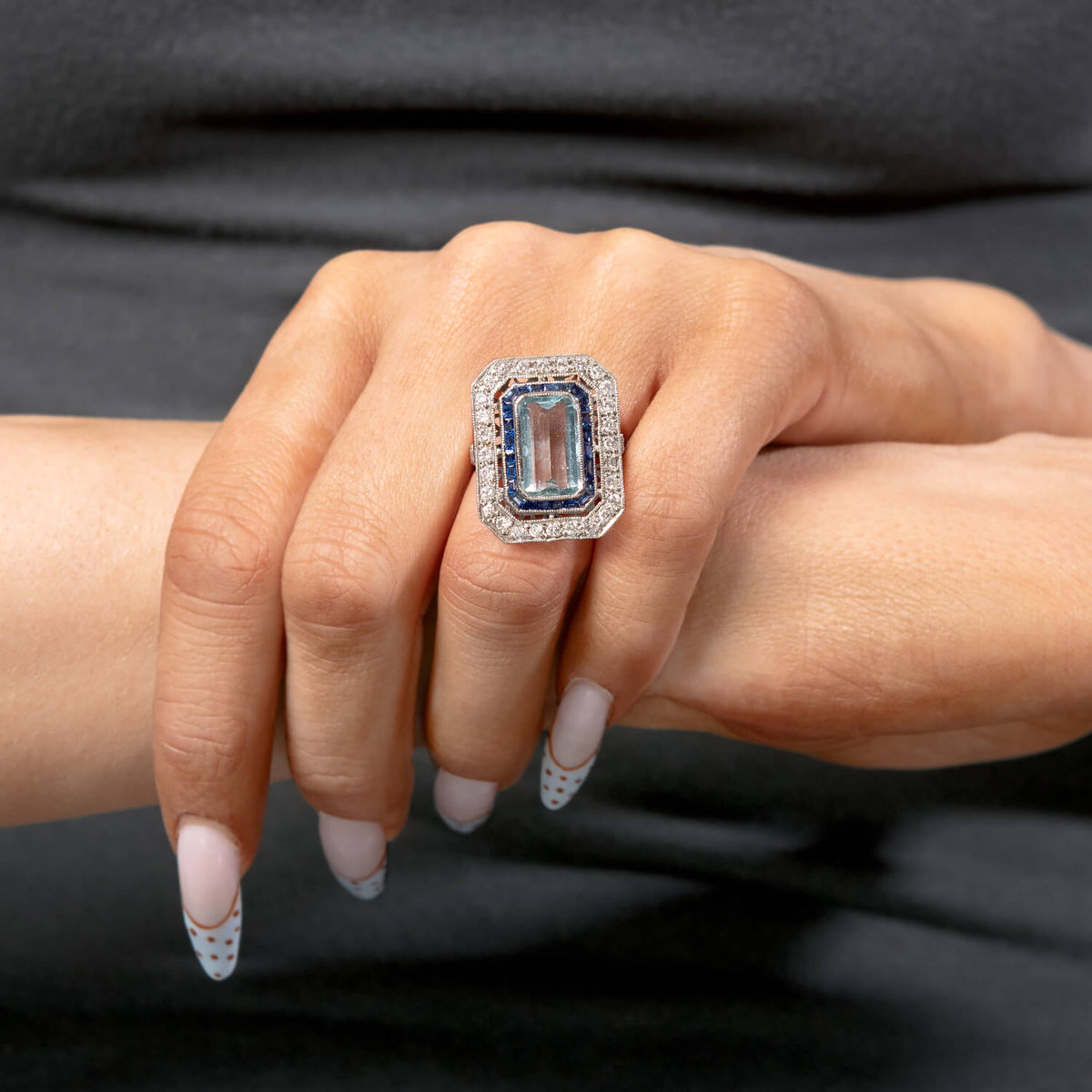 Estate Platinum Aqua, Sapphire, & Diamond Statement Ring