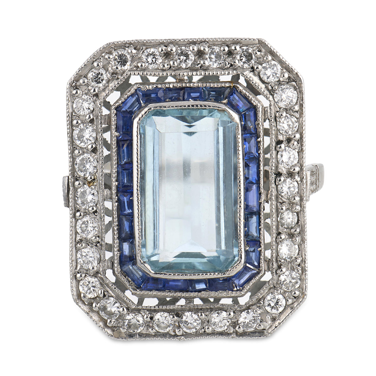 Estate Platinum Aqua, Sapphire, & Diamond Statement Ring